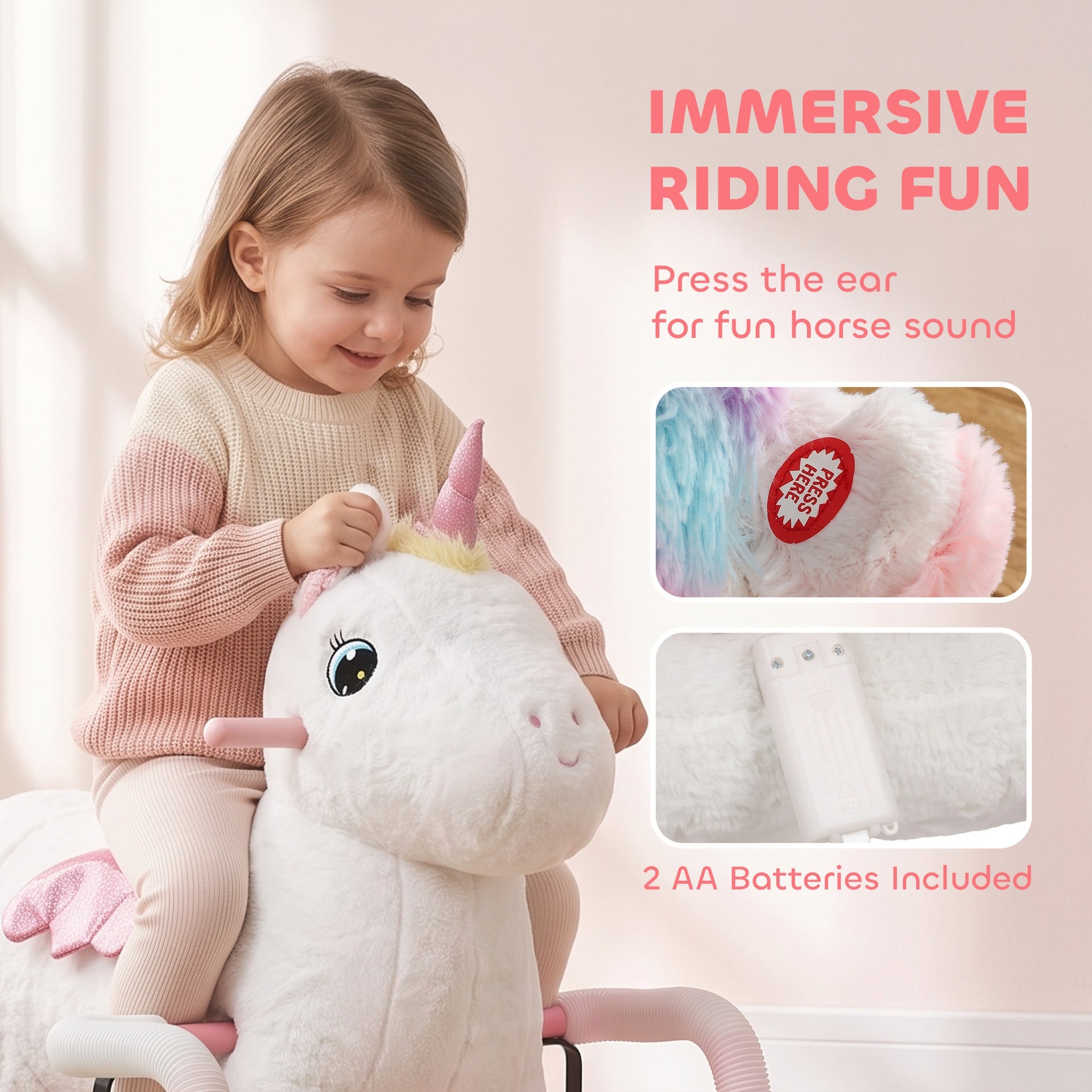 Qaba Kids Spring Rocking Horse, Unicorn Ride on Horse with Neighing Sounds, Plush Animal Ride on Toy for Ages 3+, White