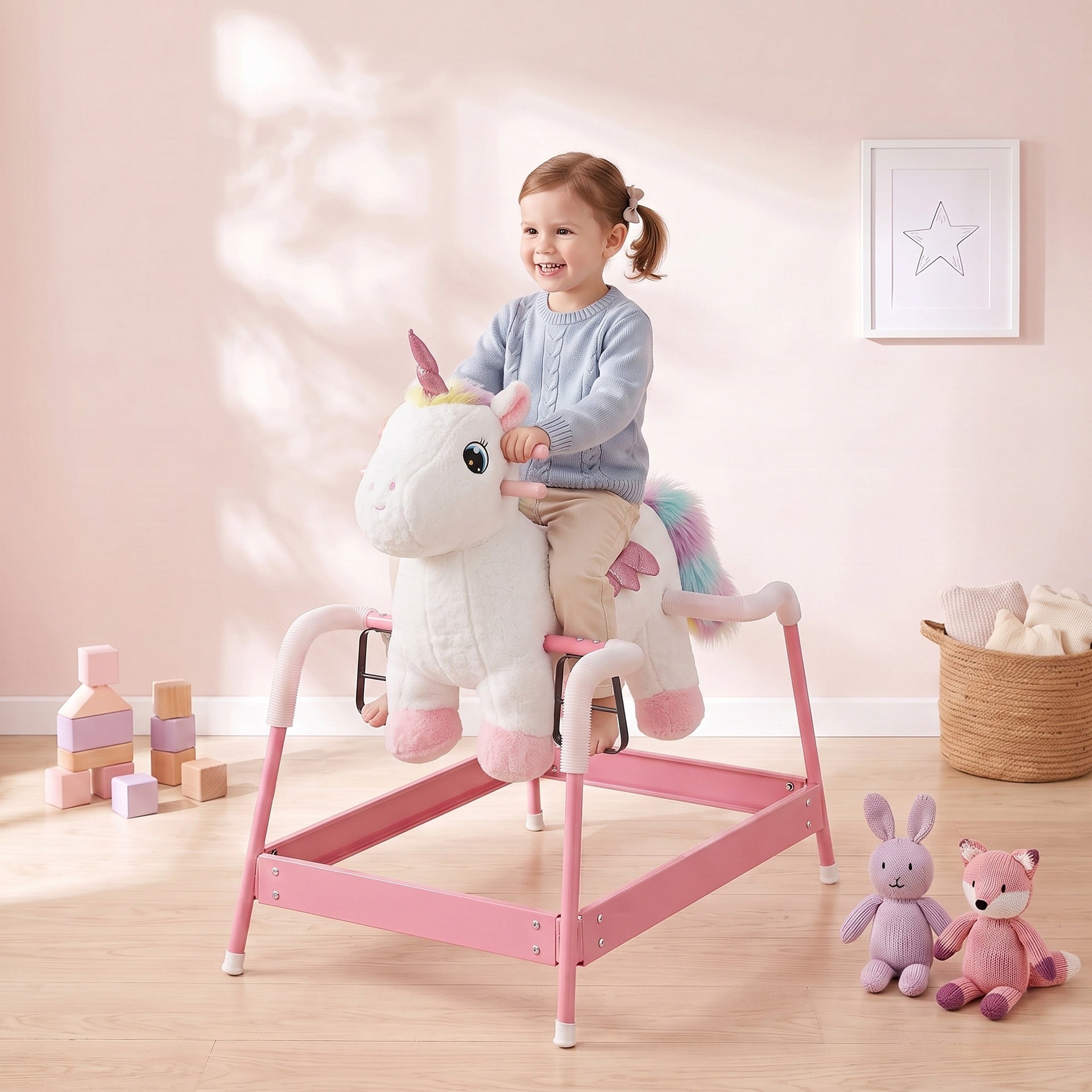 Qaba Kids Spring Rocking Horse, Unicorn Ride on Horse with Neighing Sounds, Plush Animal Ride on Toy for Ages 3+, White