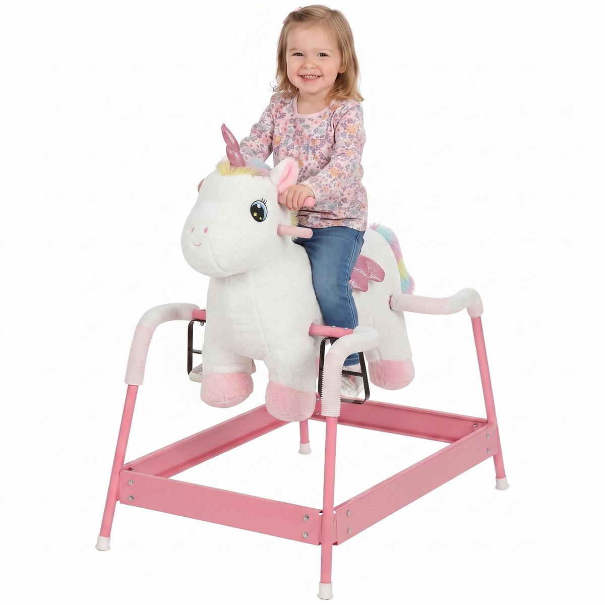 Qaba Kids Spring Rocking Horse, Unicorn Ride on Horse with Neighing Sounds, Plush Animal Ride on Toy for Ages 3+, White
