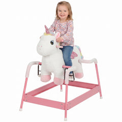 Qaba Kids Spring Rocking Horse, Unicorn Ride on Horse with Neighing Sounds, Plush Animal Ride on Toy for Ages 3+, White