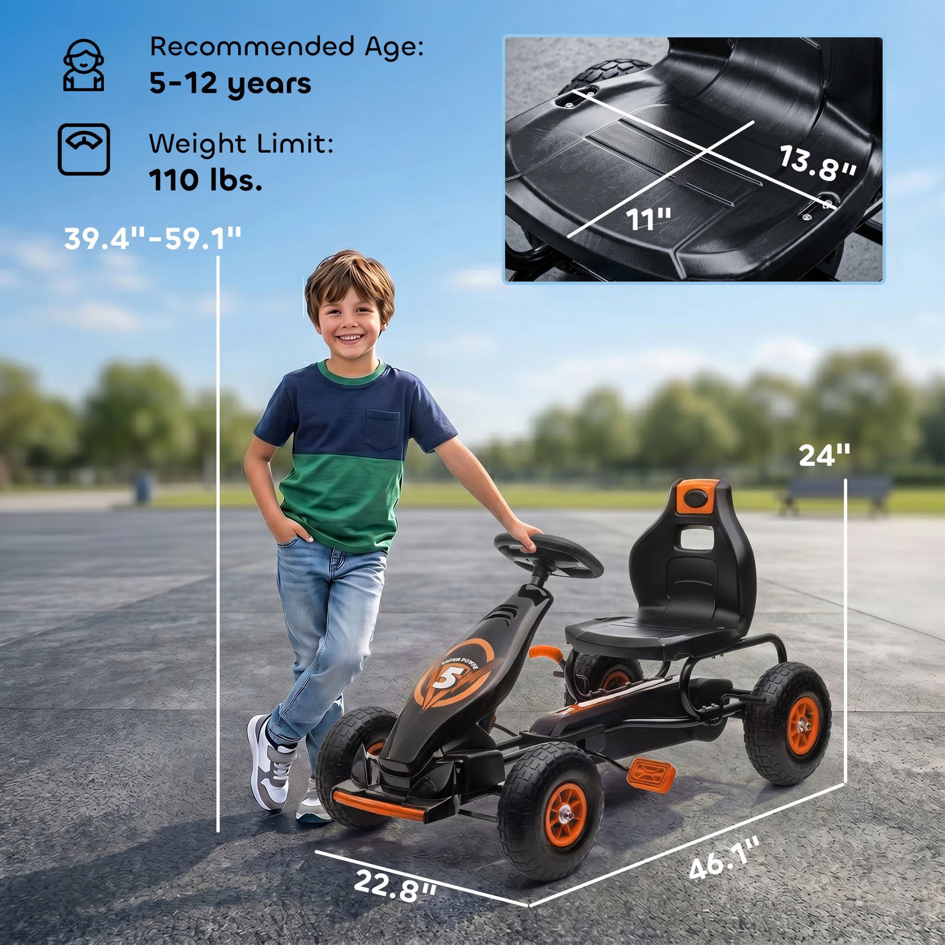 Aosom Kids Pedal Go Kart Ride-on Toy with Ergonomic Comfort, Pedal Car with Tough, Wear-Resistant Tread for Ages 5-12, Orange