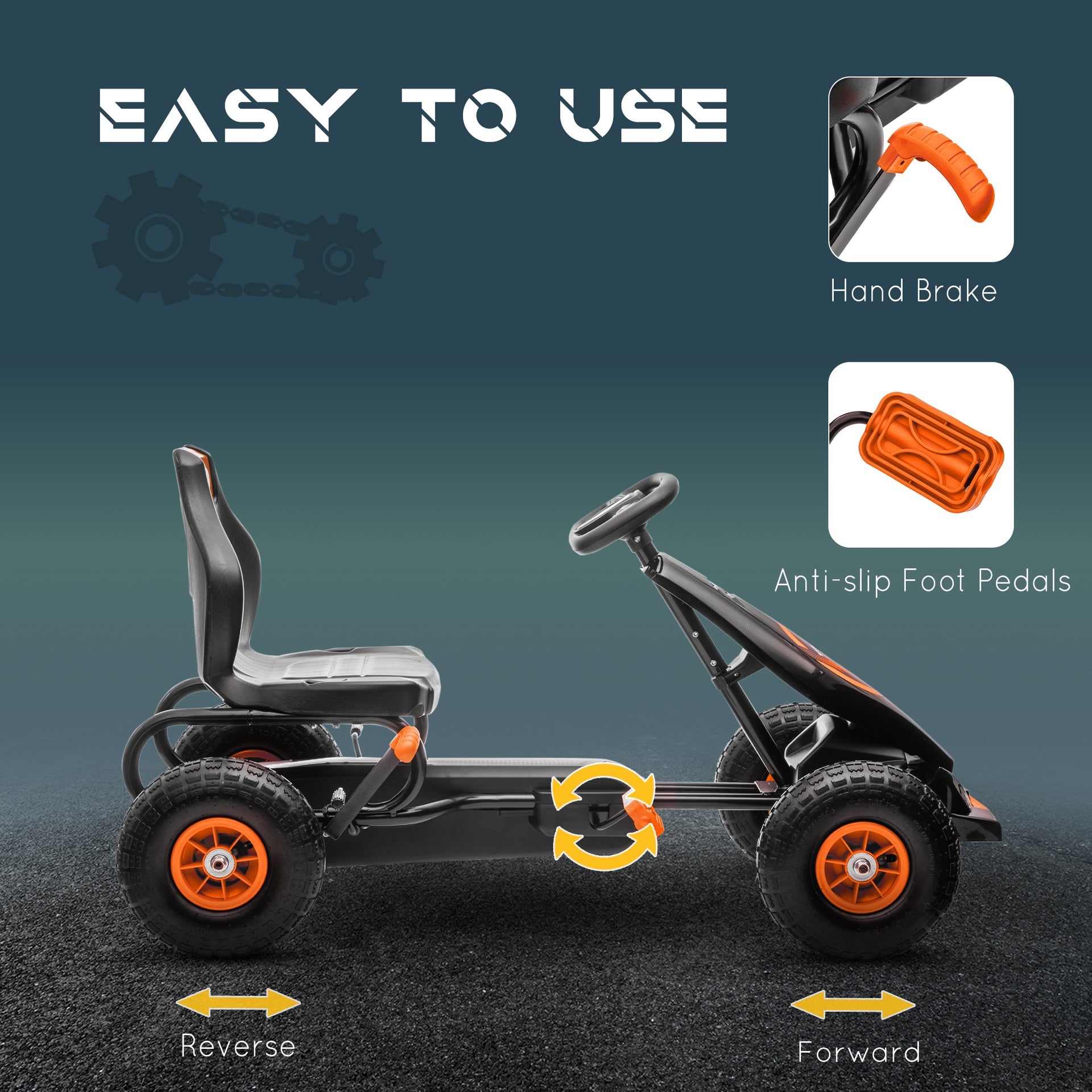 Aosom Kids Pedal Go Kart Ride-on Toy with Ergonomic Comfort, Pedal Car with Tough, Wear-Resistant Tread for Ages 5-12, Orange