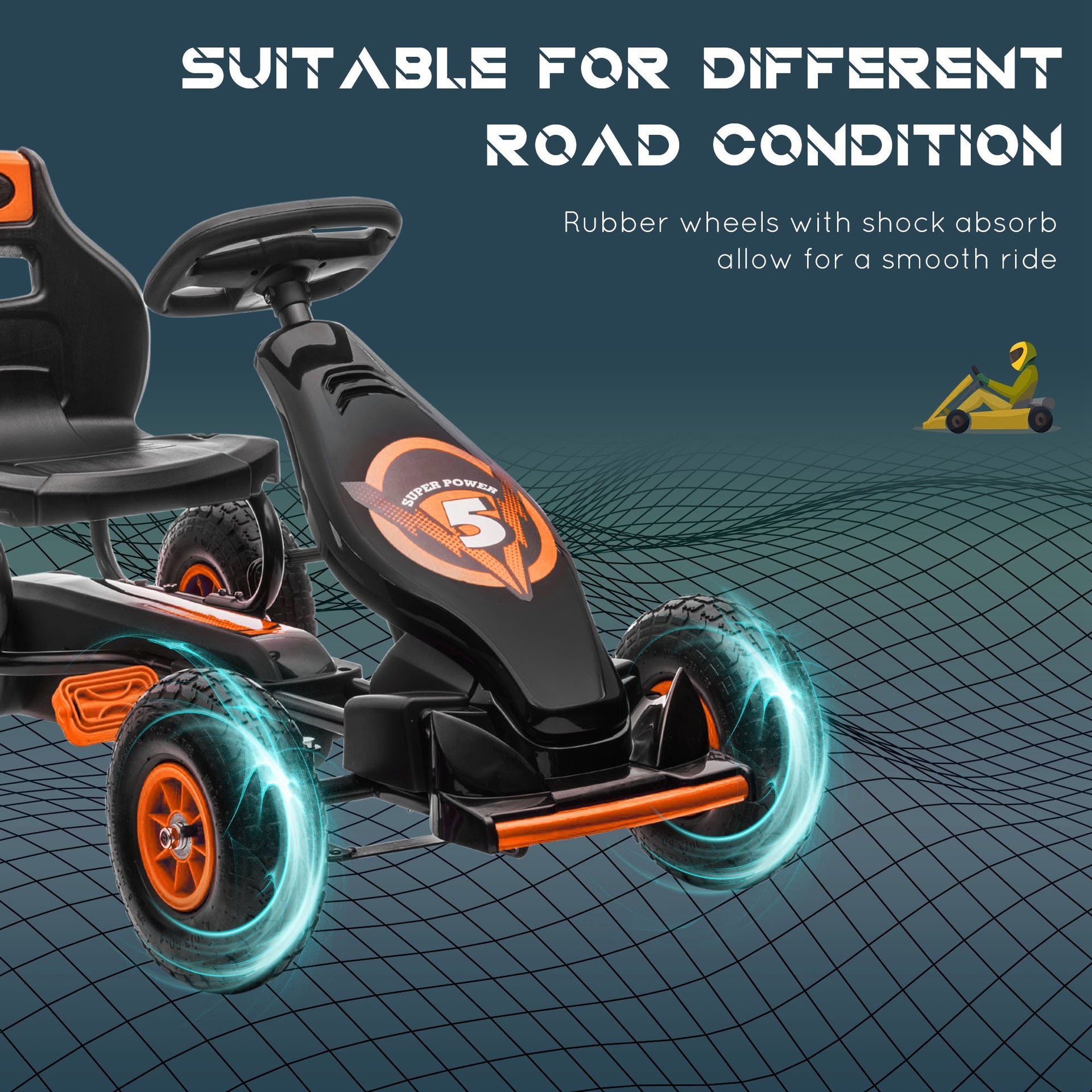 Aosom Kids Pedal Go Kart Ride-on Toy with Ergonomic Comfort, Pedal Car with Tough, Wear-Resistant Tread for Ages 5-12, Orange