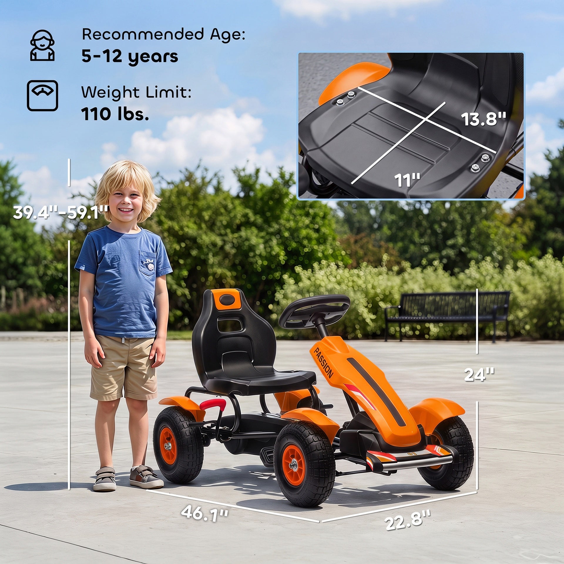 Aosom Kids Pedal Go Kart, Outdoor Ride on Toys with Adjustable Seat, Sharp Handling, Handbrake, 4 Non-Slip Rubber Wheels for Boys & Girls Aged 5-12 Years Old, Orange