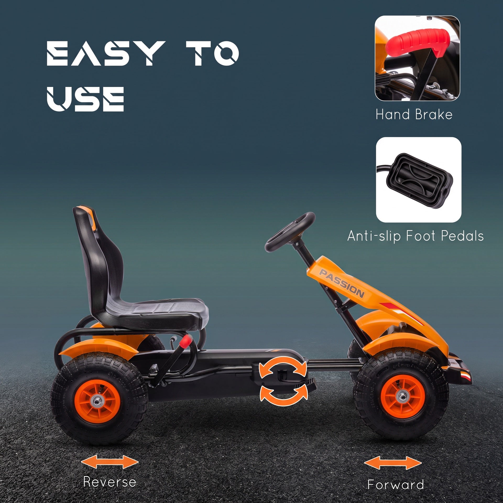 Aosom Kids Pedal Go Kart, Outdoor Ride on Toys with Adjustable Seat, Sharp Handling, Handbrake, 4 Non-Slip Rubber Wheels for Boys & Girls Aged 5-12 Years Old, Orange