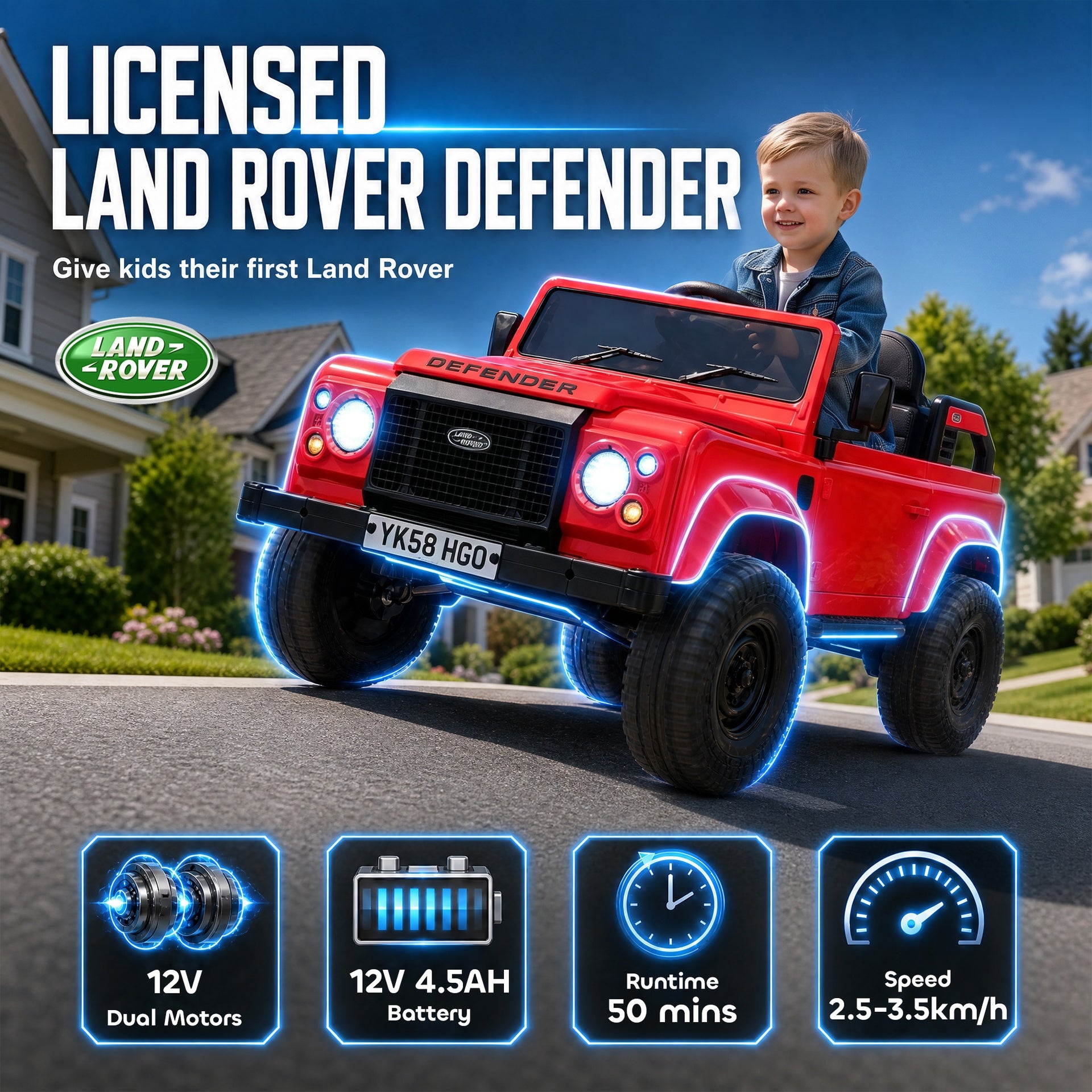 Qaba 12V Electric Car for Kids 3+ Years, Licensed Land Rover Defender Toddler Ride on Car w/ Remote Control, Red
