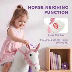Qaba Ride on Horse for Kids 2+ Years, Toddler Riding Horse with Neighing, Stuffed Animal Horse Toy with Padding, White