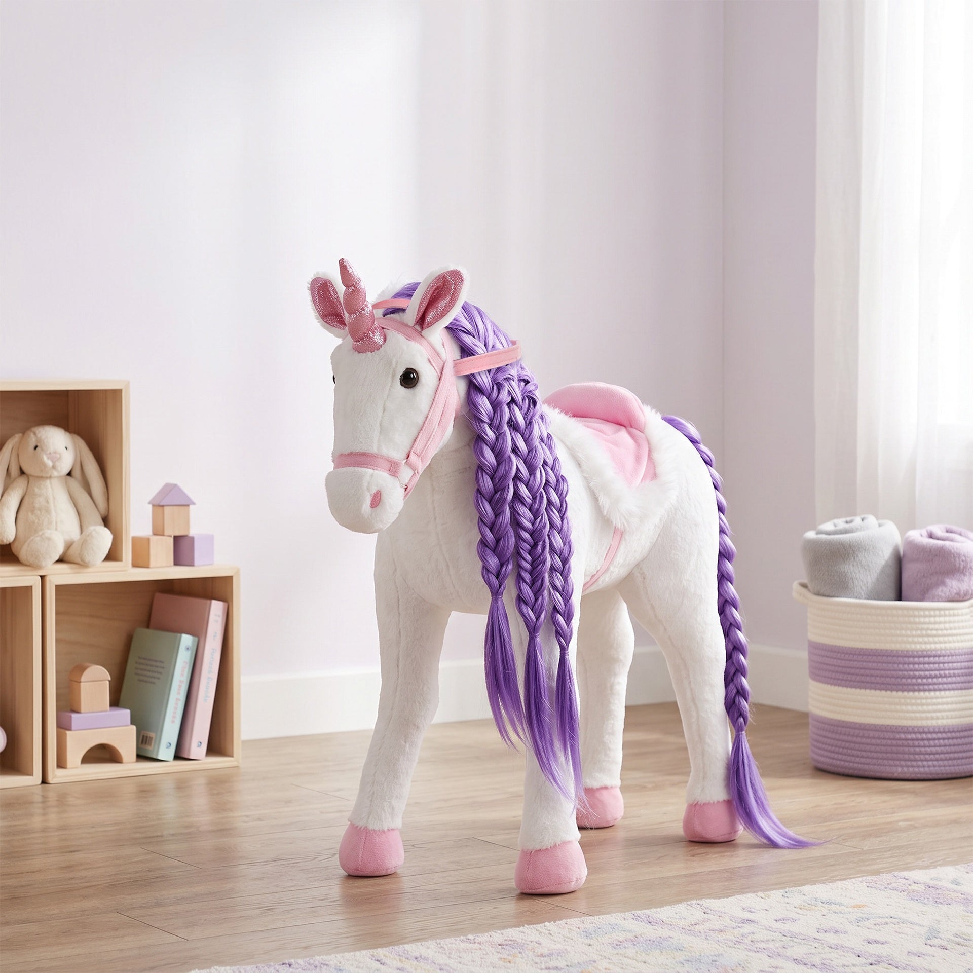 Qaba Ride on Horse for Kids 2+ Years, Toddler Riding Horse with Neighing, Stuffed Animal Horse Toy with Padding, White