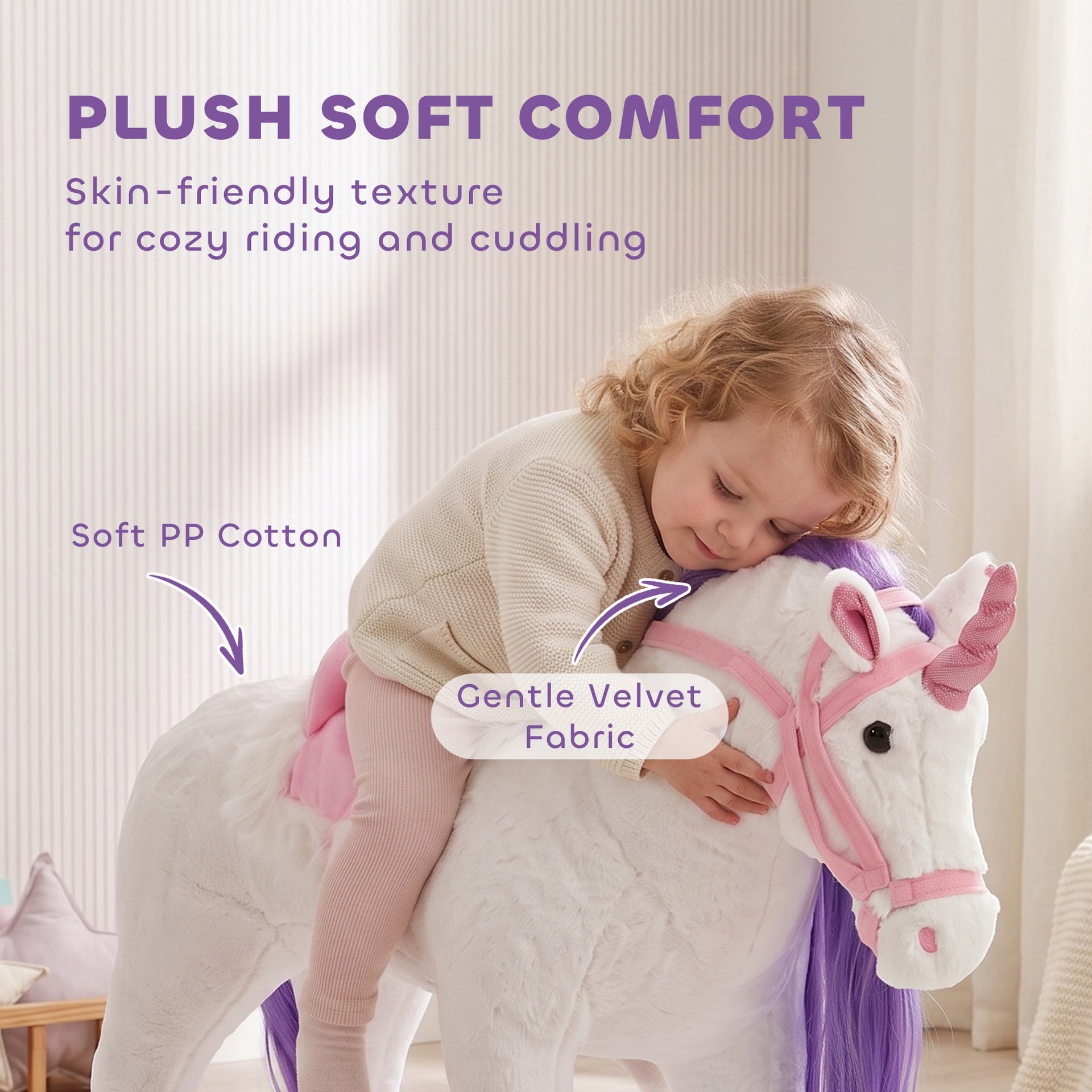 Qaba Ride on Horse for Kids 2+ Years, Toddler Riding Horse with Neighing, Stuffed Animal Horse Toy with Padding, White