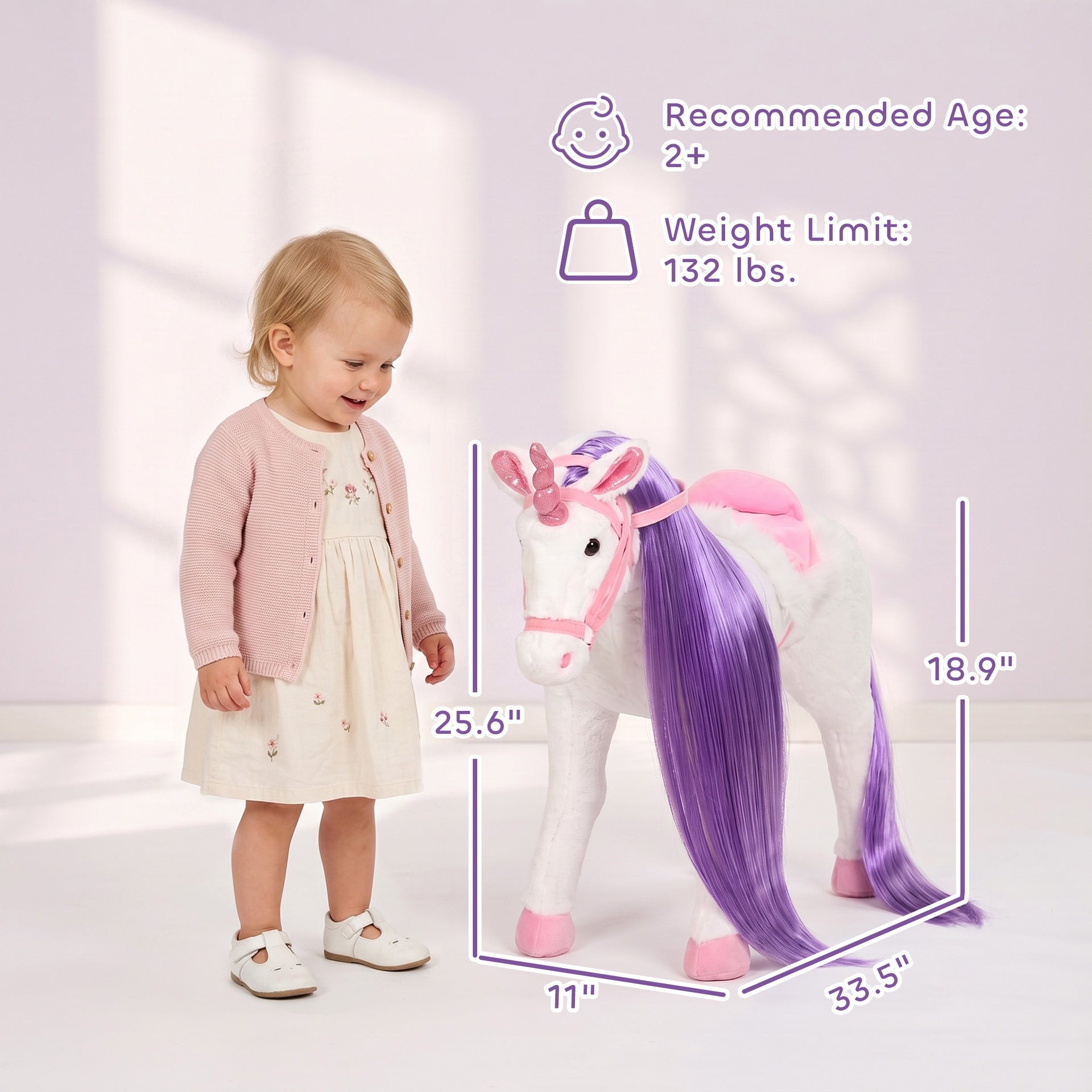 Qaba Ride on Horse for Kids 2+ Years, Toddler Riding Horse with Neighing, Stuffed Animal Horse Toy with Padding, White