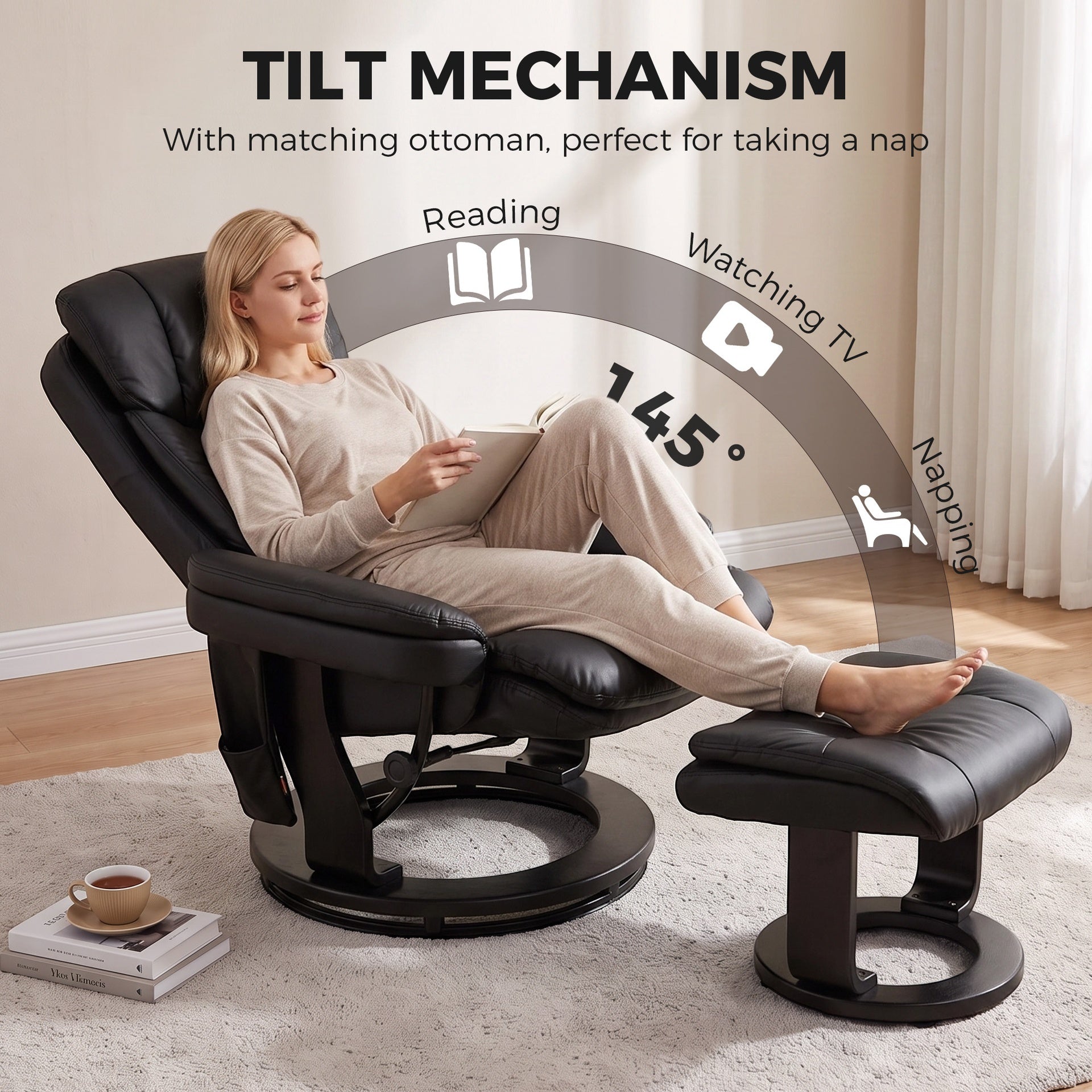 HOMCOM PU Leather Massage Recliner Chair with Ottoman, 10-Point Vibration, Swivel Armchair, Black