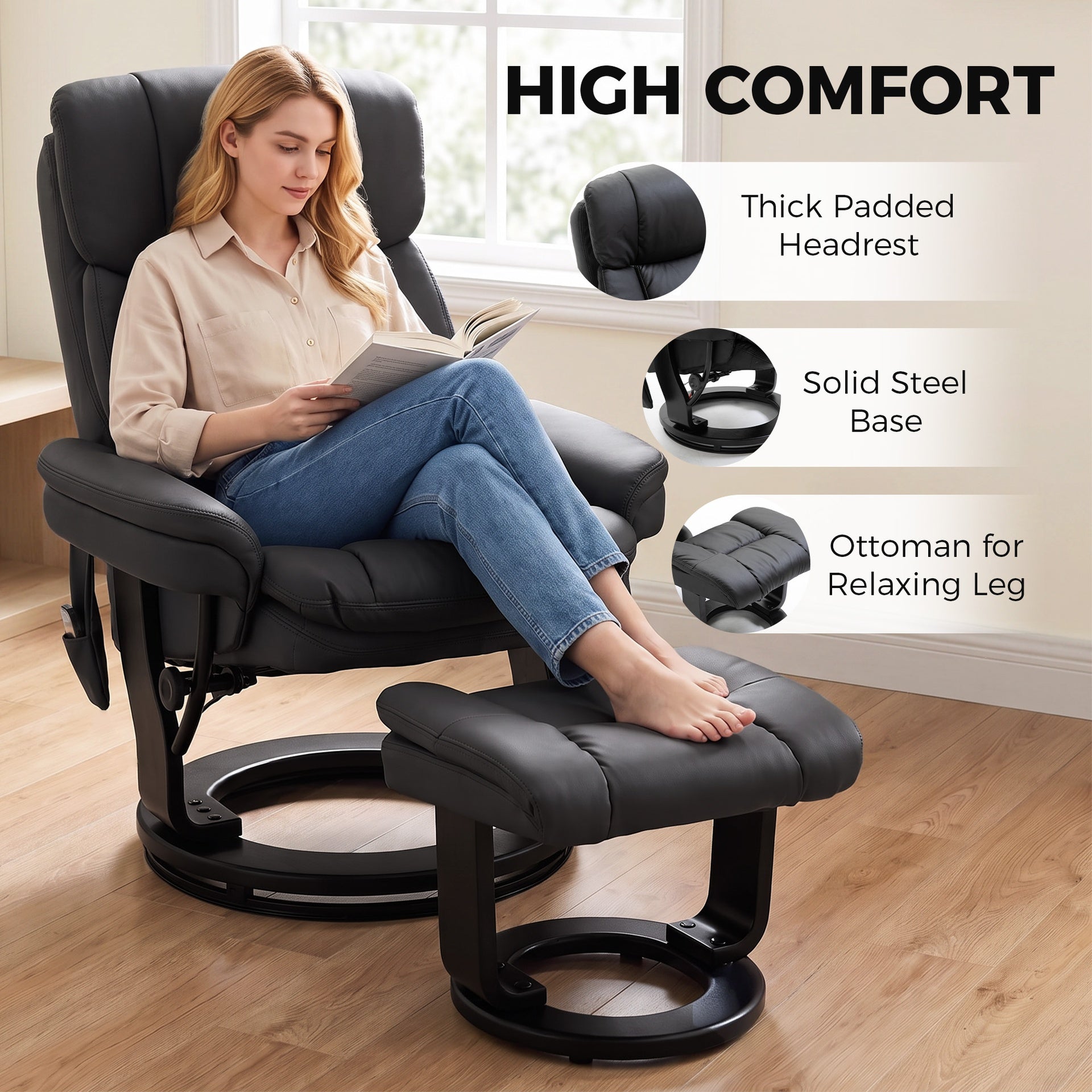 HOMCOM PU Leather Massage Recliner Chair with Ottoman, 10-Point Vibration, Swivel Armchair, Black