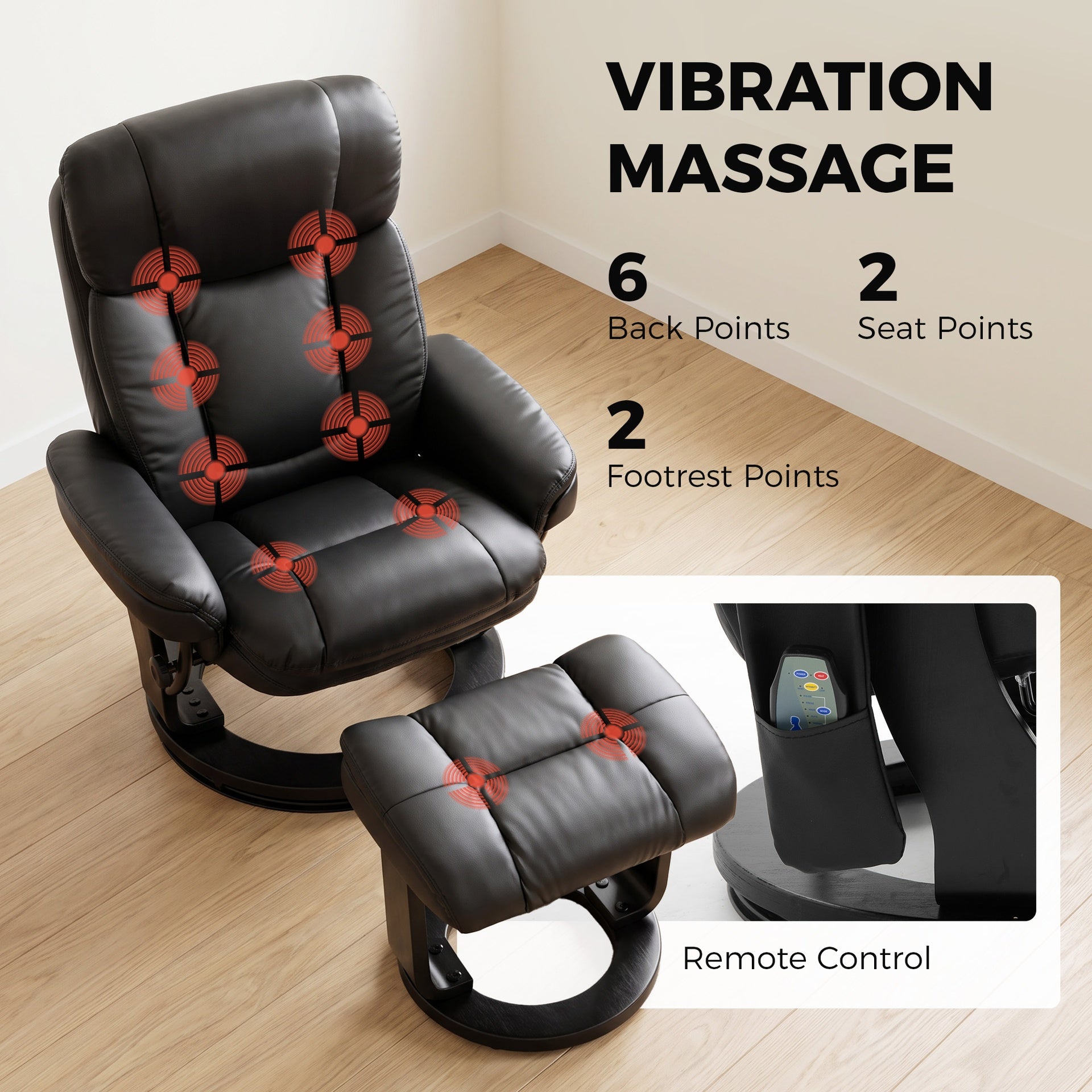 HOMCOM PU Leather Massage Recliner Chair with Ottoman, 10-Point Vibration, Swivel Armchair, Black