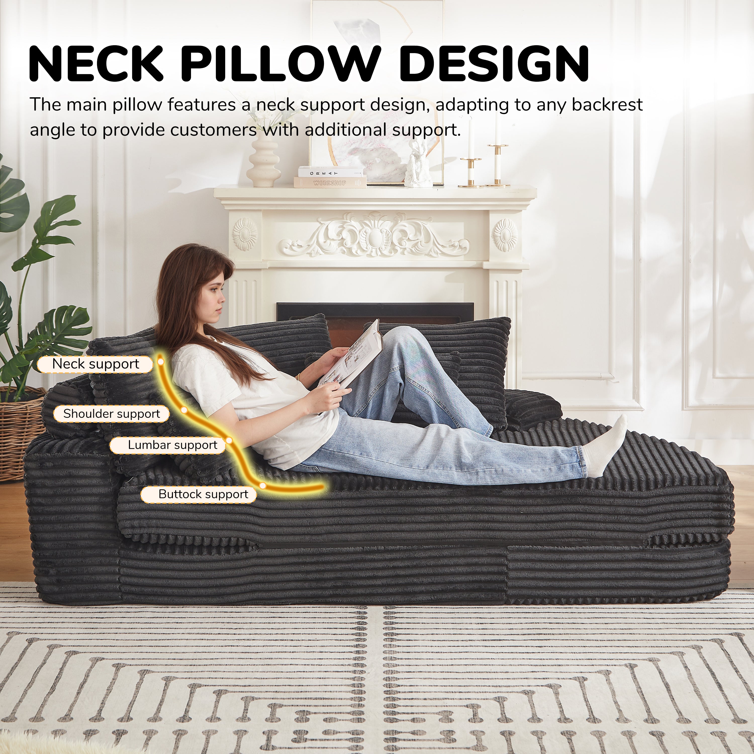 78.5-Inch Corduroy Semi-Circular 2-in-1 Sofa Bed, Designer Recliner with Neck Pillow and Five Throw Pillows in Living Room