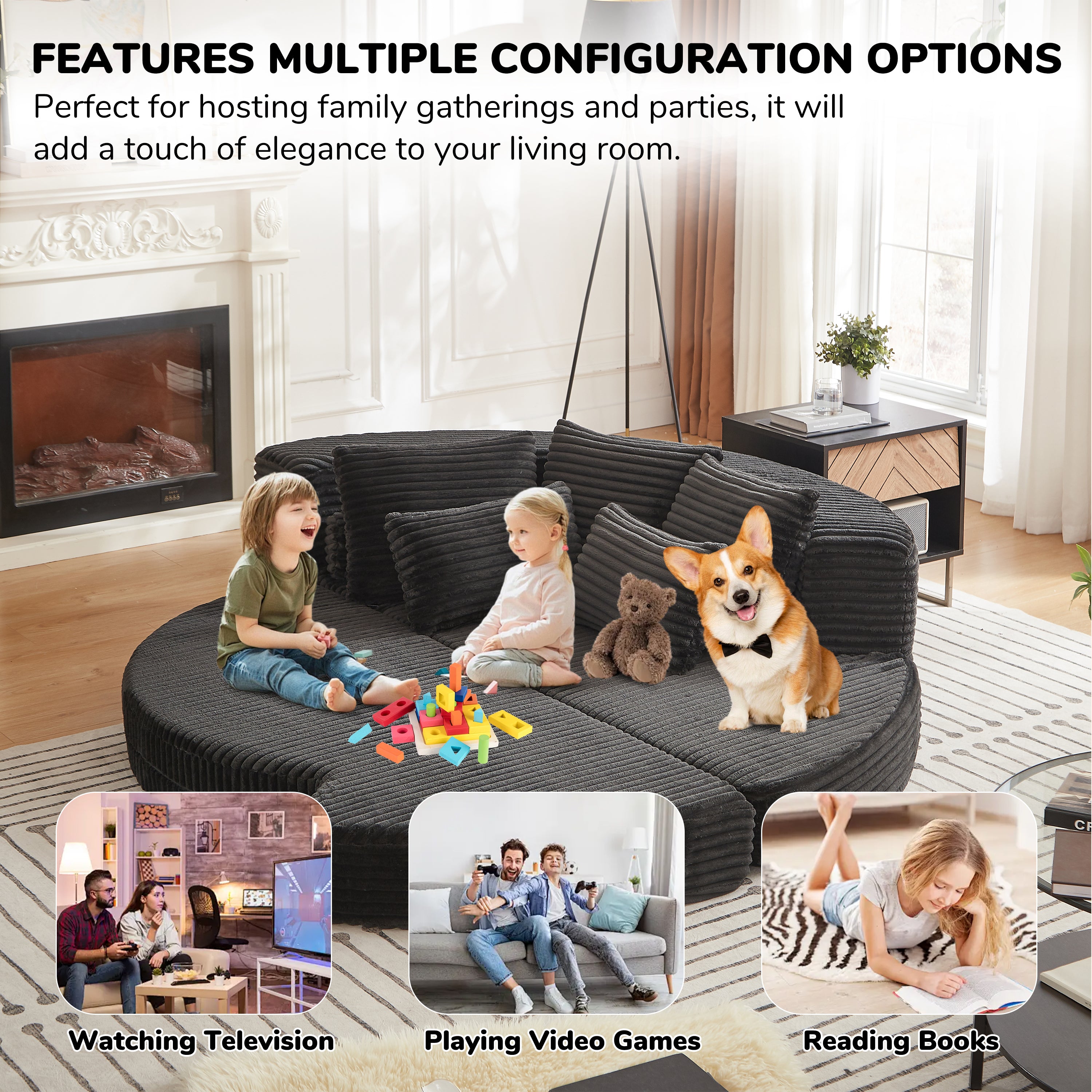 78.5-Inch Corduroy Semi-Circular 2-in-1 Sofa Bed, Designer Recliner with Neck Pillow and Five Throw Pillows in Living Room