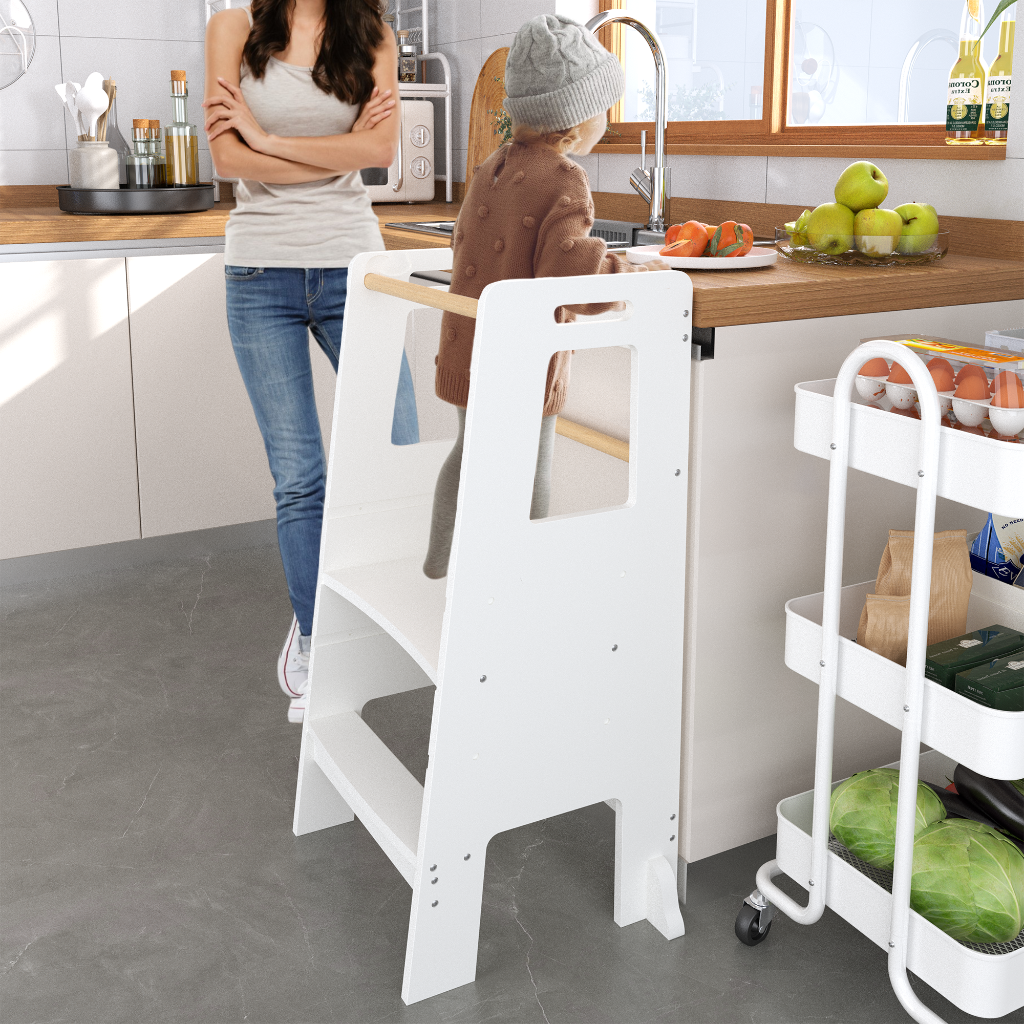 Kids Standing Tower, Child Kitchen Step Stool Toddler Wood Stepping Stool - Children's Montessori Stool - Adjustable Height, Ideal Kids Kitchen Step Stool for Learning New Skills, White