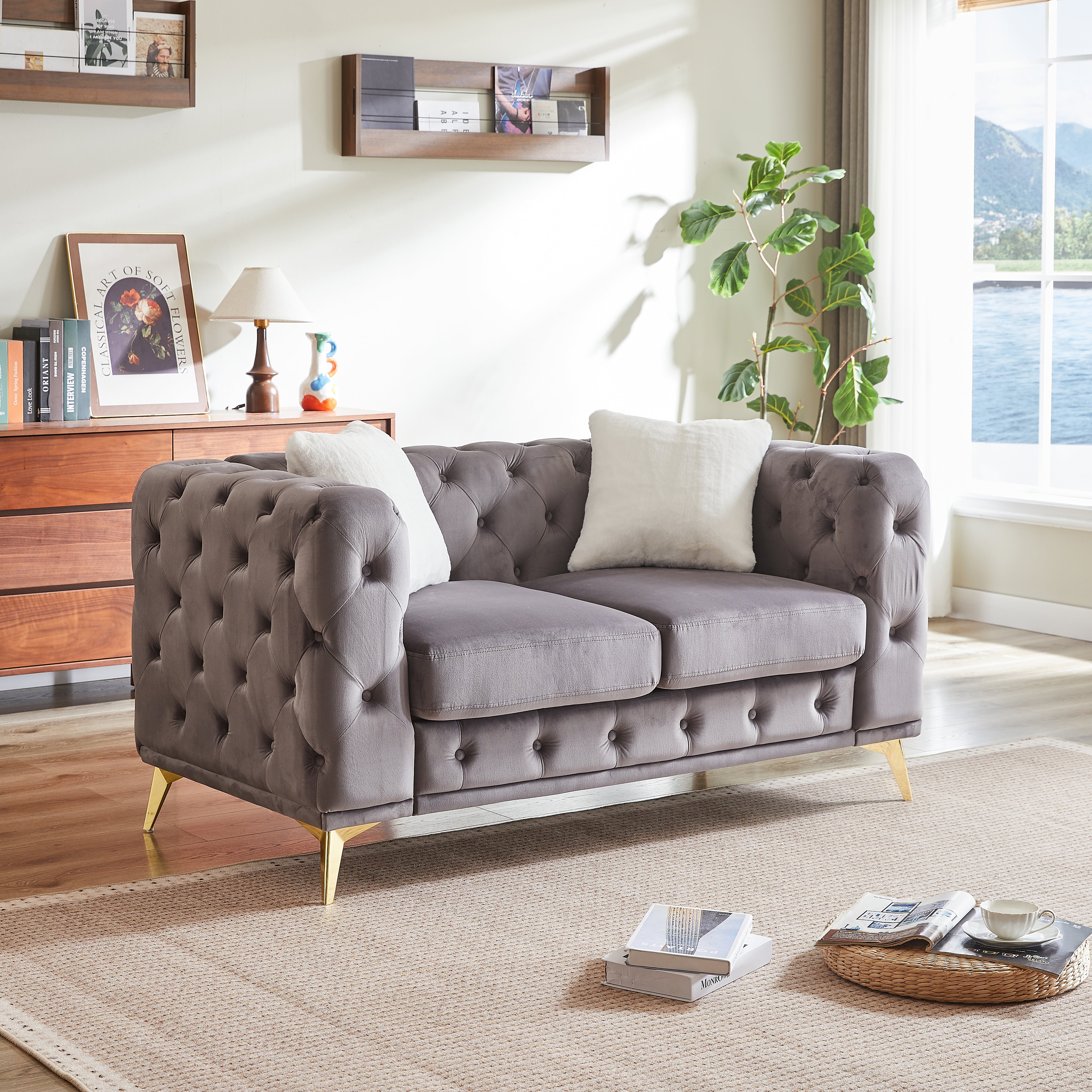 FX 61.25-inch Deluxe Velvet Sofa with Chesterfield Tufted Buttons with 2 Pillows and Metal Feet