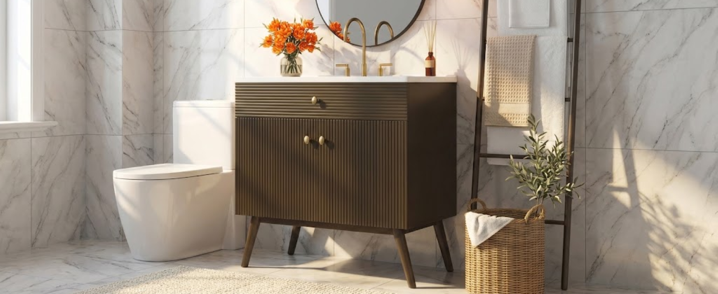 36" Luxury Striped Dark Brown Vanity: Soft-Close Dual-Door Storage & Premium Ceramic Sink