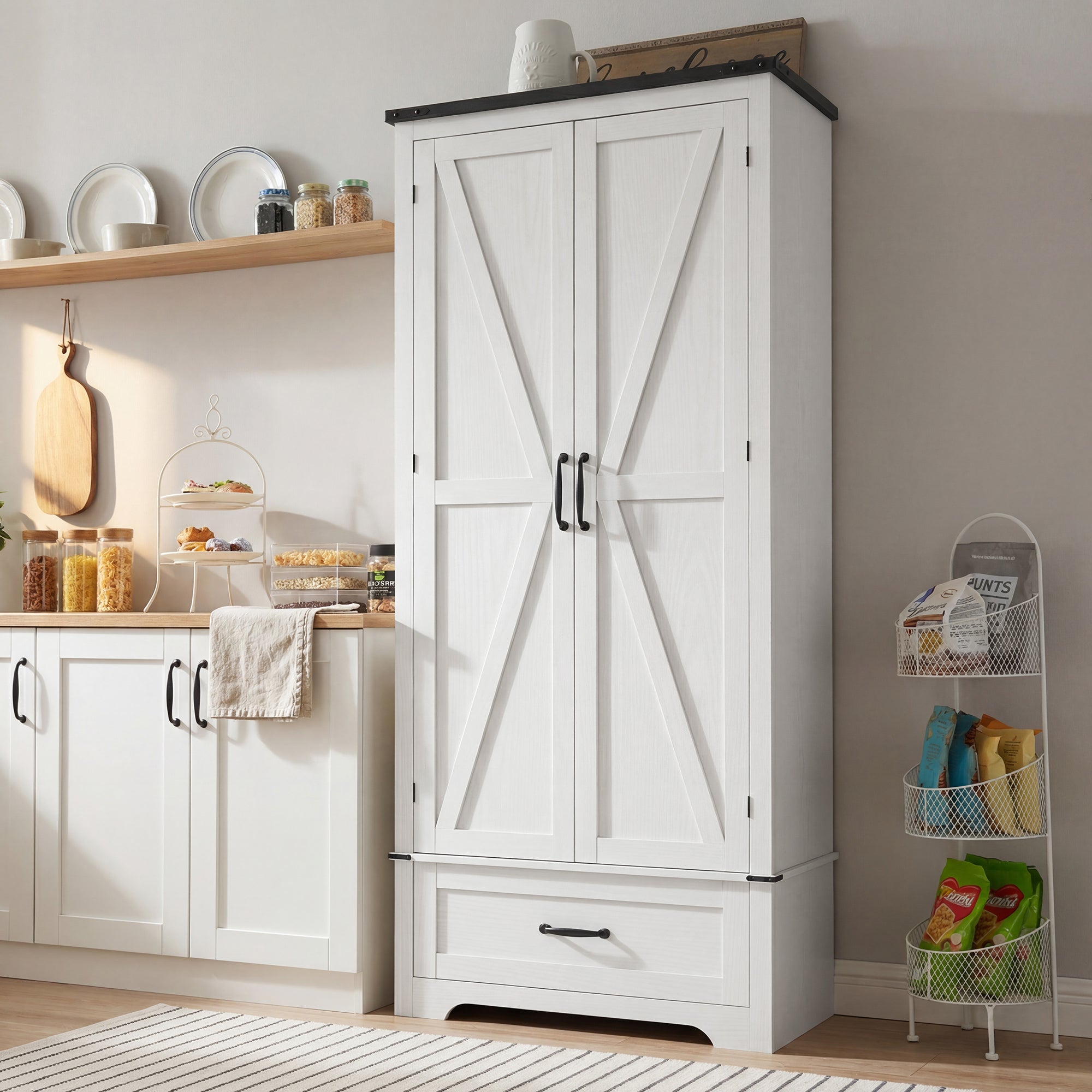 HOMCOM 72" Farmhouse Pantry Cabinet with Adjustable Shelves, Kitchen Pantry Cabinet with 2 Doors, Distressed White