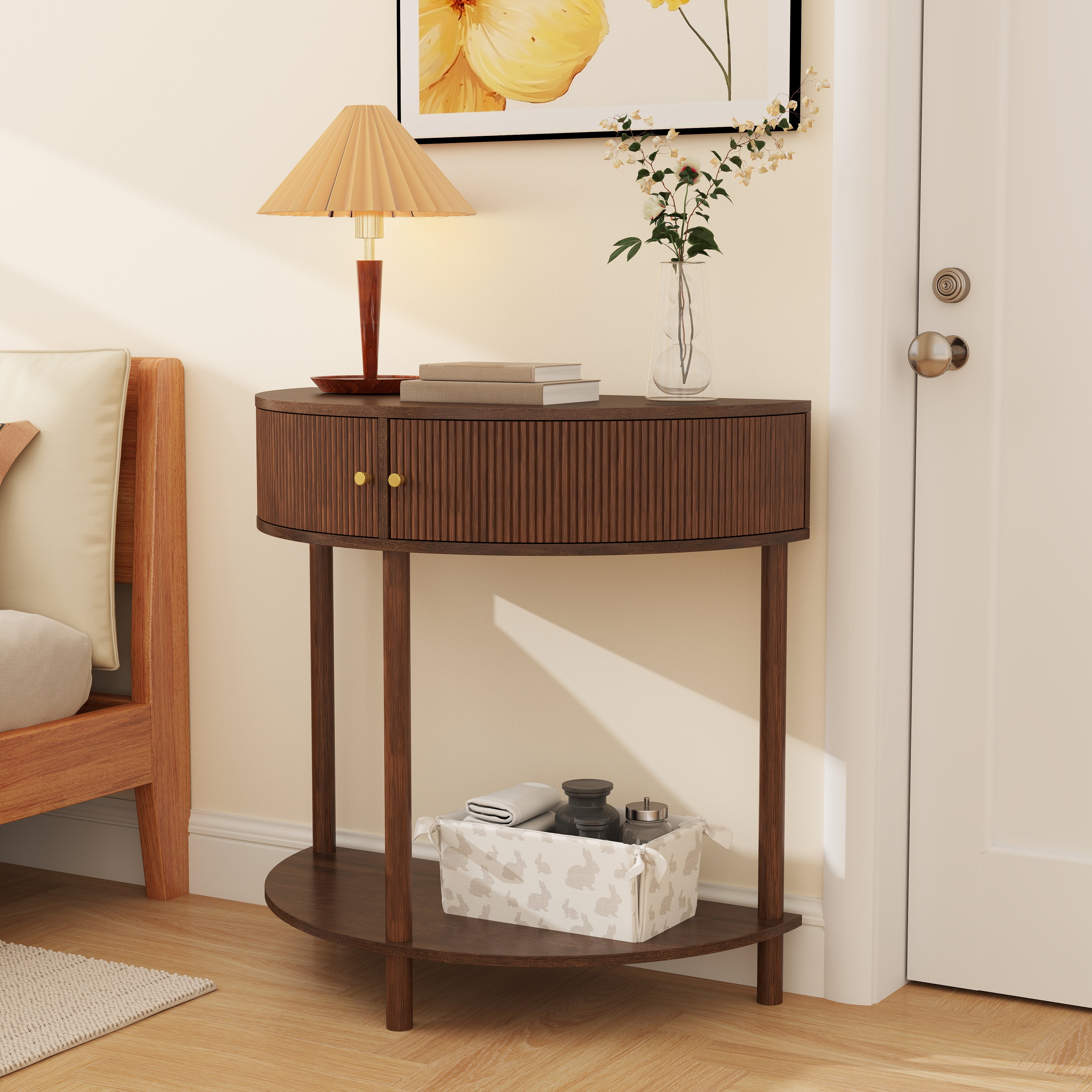 Artisan-Crafted Wave-Pattern Demi-Lune Console Table with Brown Woodgrain,Unique Half Moon Design End Table with 2 Storage Drawers and Bottom Shelf for Living room, Bedroom, Study, Hallway