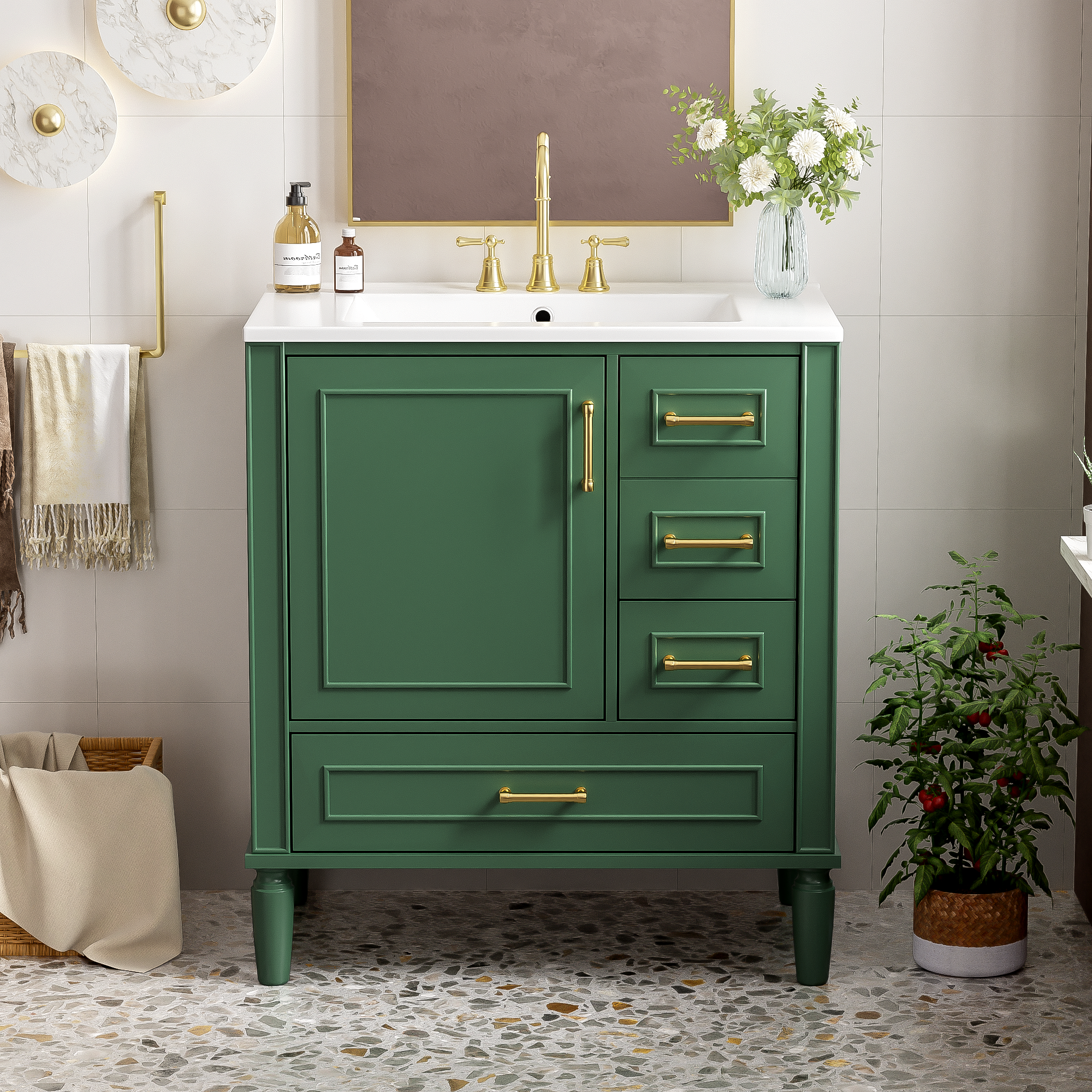 Traditional 30" Green Bathroom Vanity Set, Floor Standing, with Three Drawers, Soft Close Doors, with Long Gold Metal Handles - Perfect for Small Bathrooms