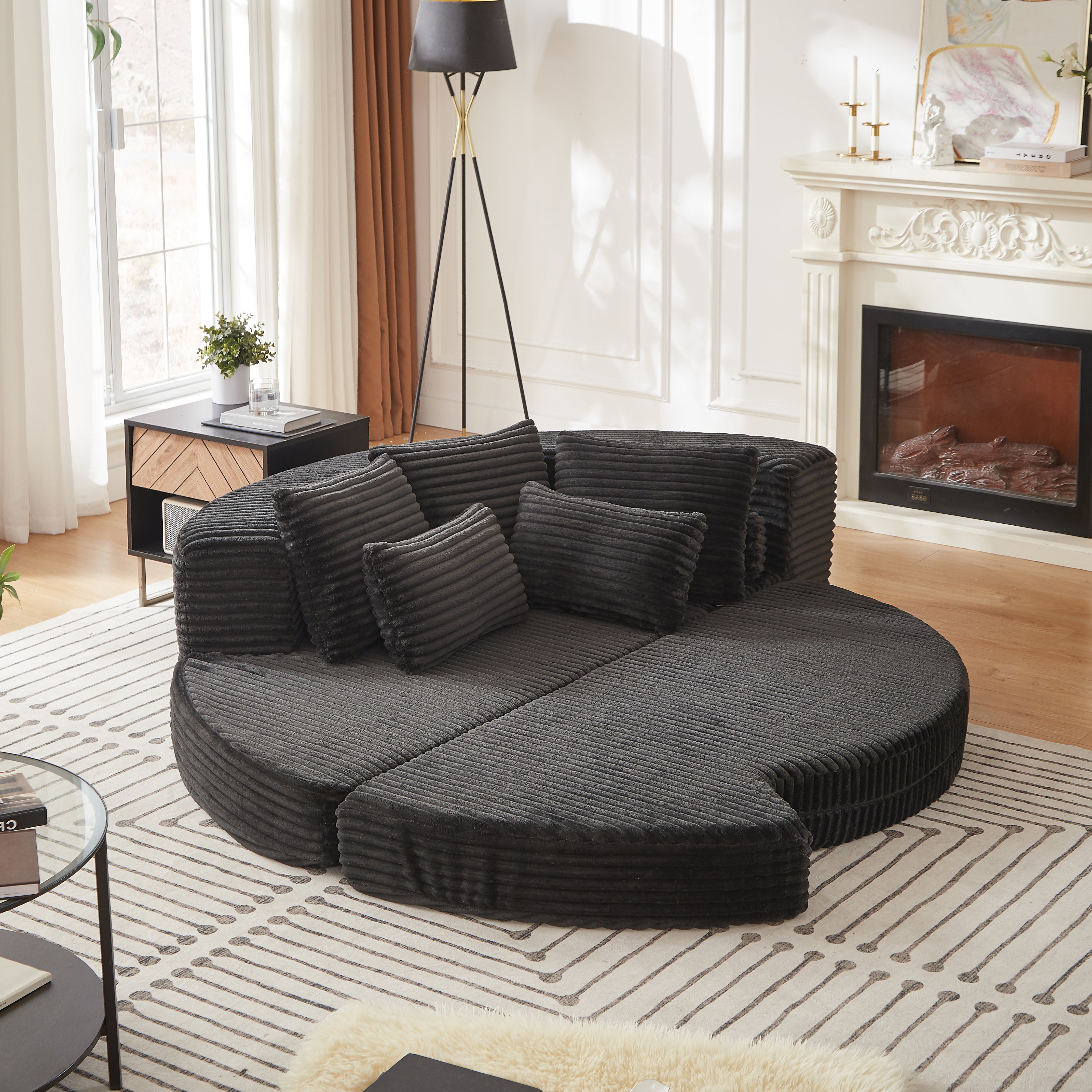 78.5-Inch Corduroy Semi-Circular 2-in-1 Sofa Bed, Designer Recliner with Neck Pillow and Five Throw Pillows in Living Room