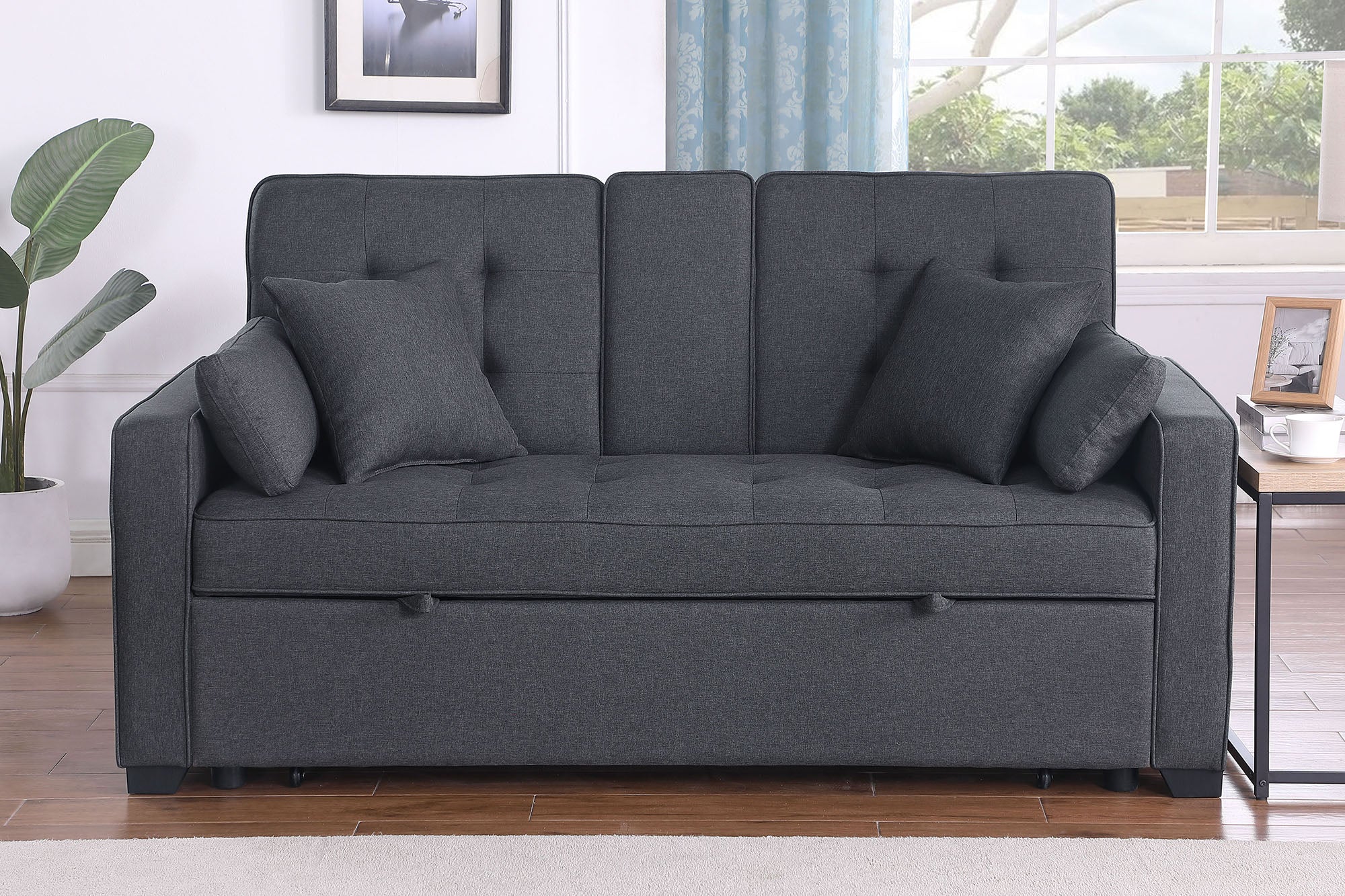 Cody II 70"W Dark Gray Linen Convertible Sleeper Loveseat with Dropdown Console, Cup Holders, Charging Ports, Pocket, and Pocket Coil Seating