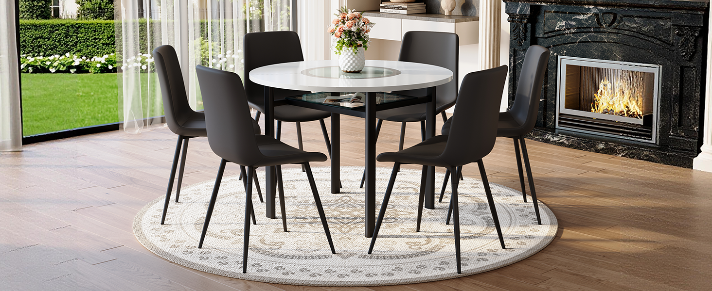 Table and chair set.42 inch modern minimalist white desktop round dining table set.Paired with 6 Black Artificial PU Chairs With Curved Widened Cushion Design. Suitable for dining rooms,office,etc.