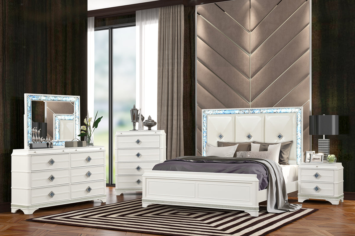 Laguna Modern Style Queen Upholstered Bed Made with Wood, LED lights and Crystal Accents in White(NJ WAREHOUSE)