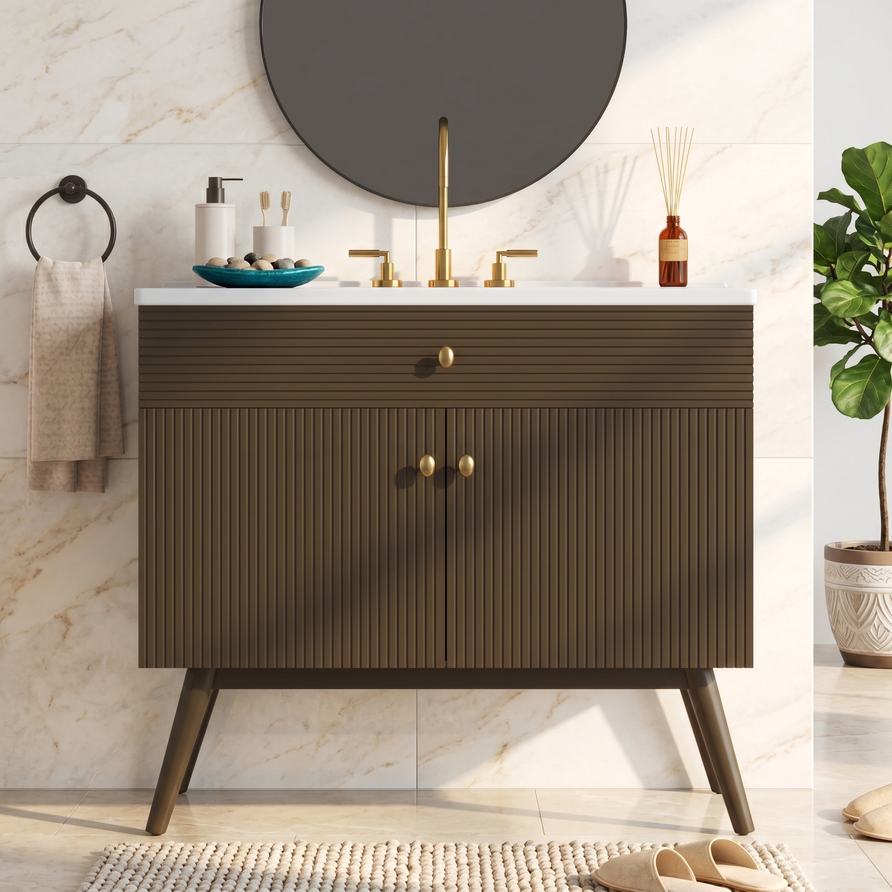 36" Luxury Striped Dark Brown Vanity: Soft-Close Dual-Door Storage & Premium Ceramic Sink