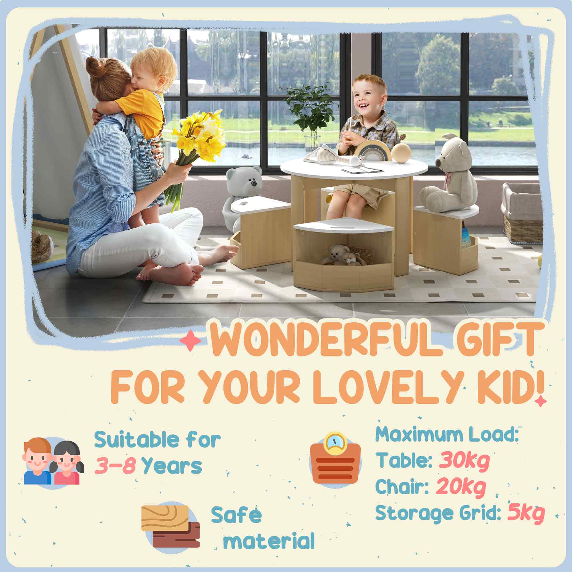 Qaba 5 Piece Kids Table and Chairs Set with Storage for Art, Craft, Drawing, Playroom, Classroom, Nursery, White