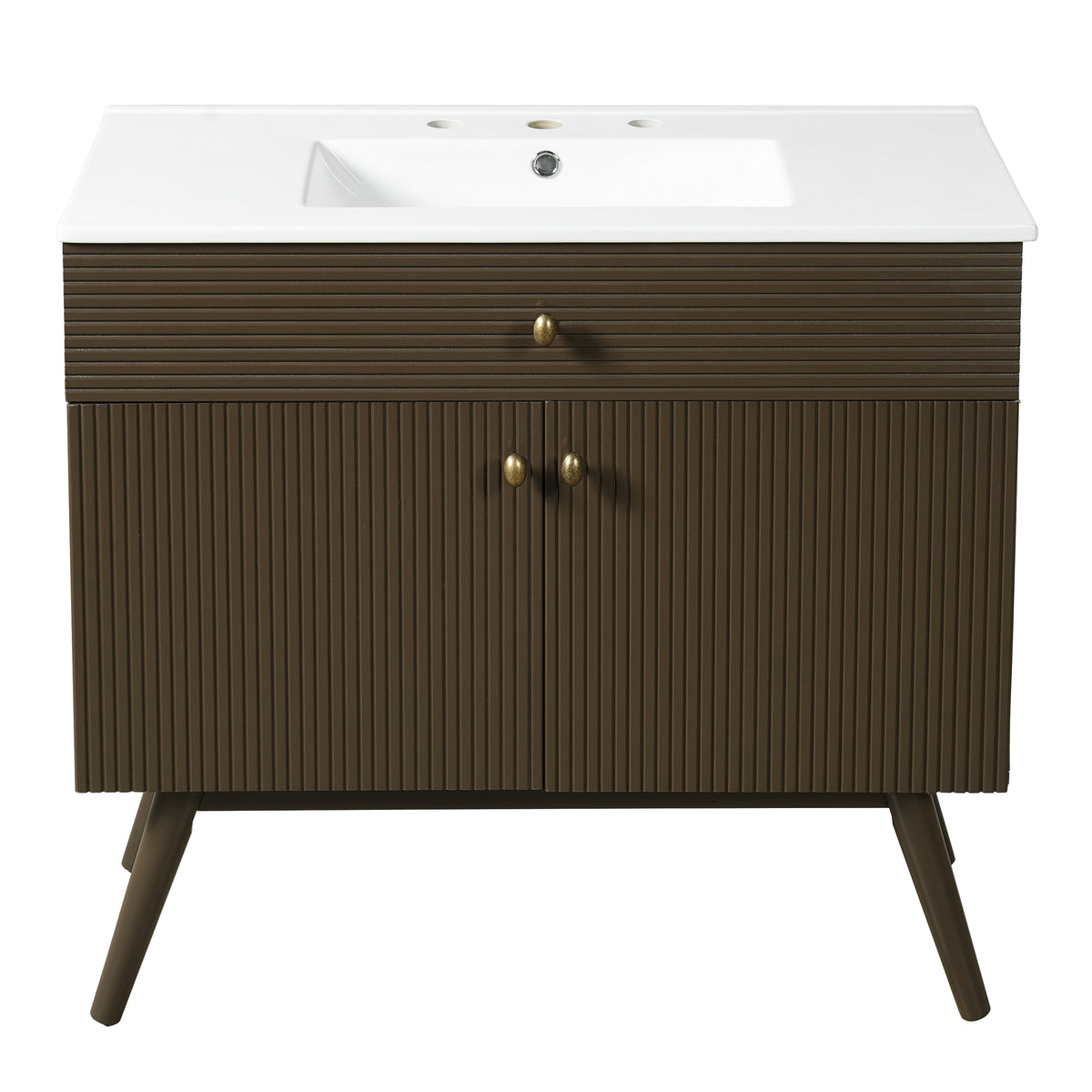 36" Luxury Striped Dark Brown Vanity: Soft-Close Dual-Door Storage & Premium Ceramic Sink