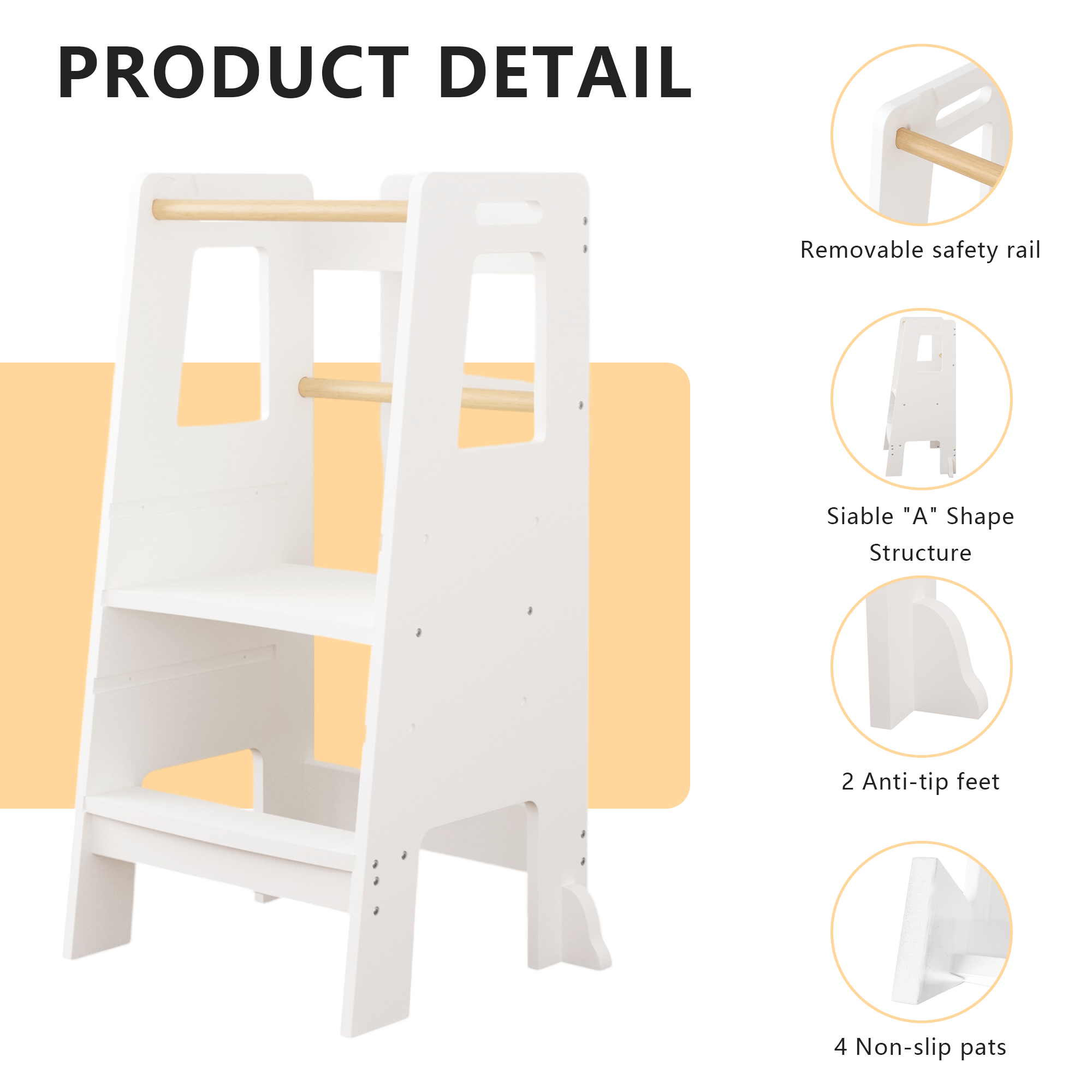 Kids Standing Tower, Child Kitchen Step Stool Toddler Wood Stepping Stool - Children's Montessori Stool - Adjustable Height, Ideal Kids Kitchen Step Stool for Learning New Skills, White