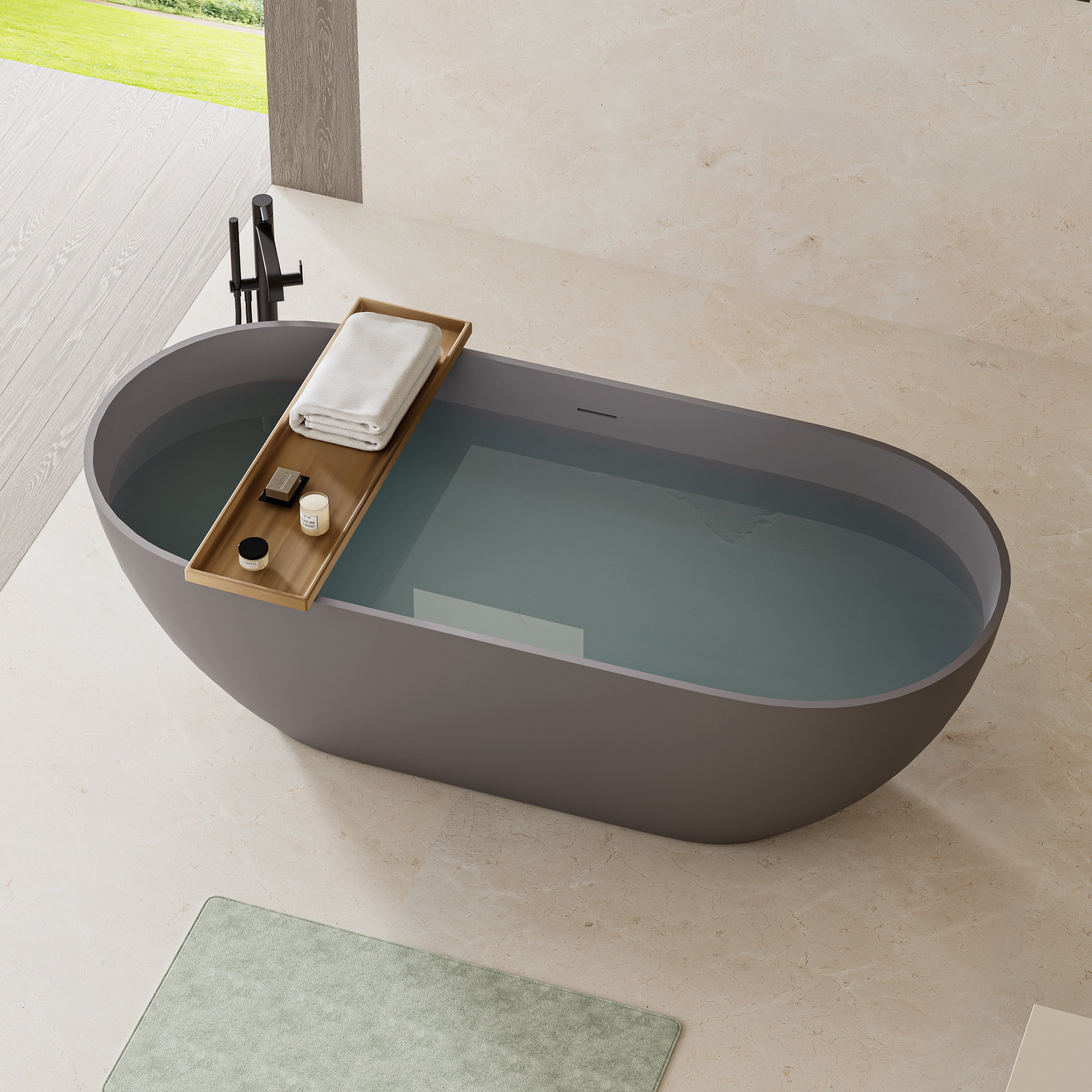 59" Luxury Engineered Solid Surface Bathtub, Stone Resin Freestanding Soaking Bathtub with Overflow and Pop-up Drain for Contemporary Bathroom, Matte Grey 24S03-59MG