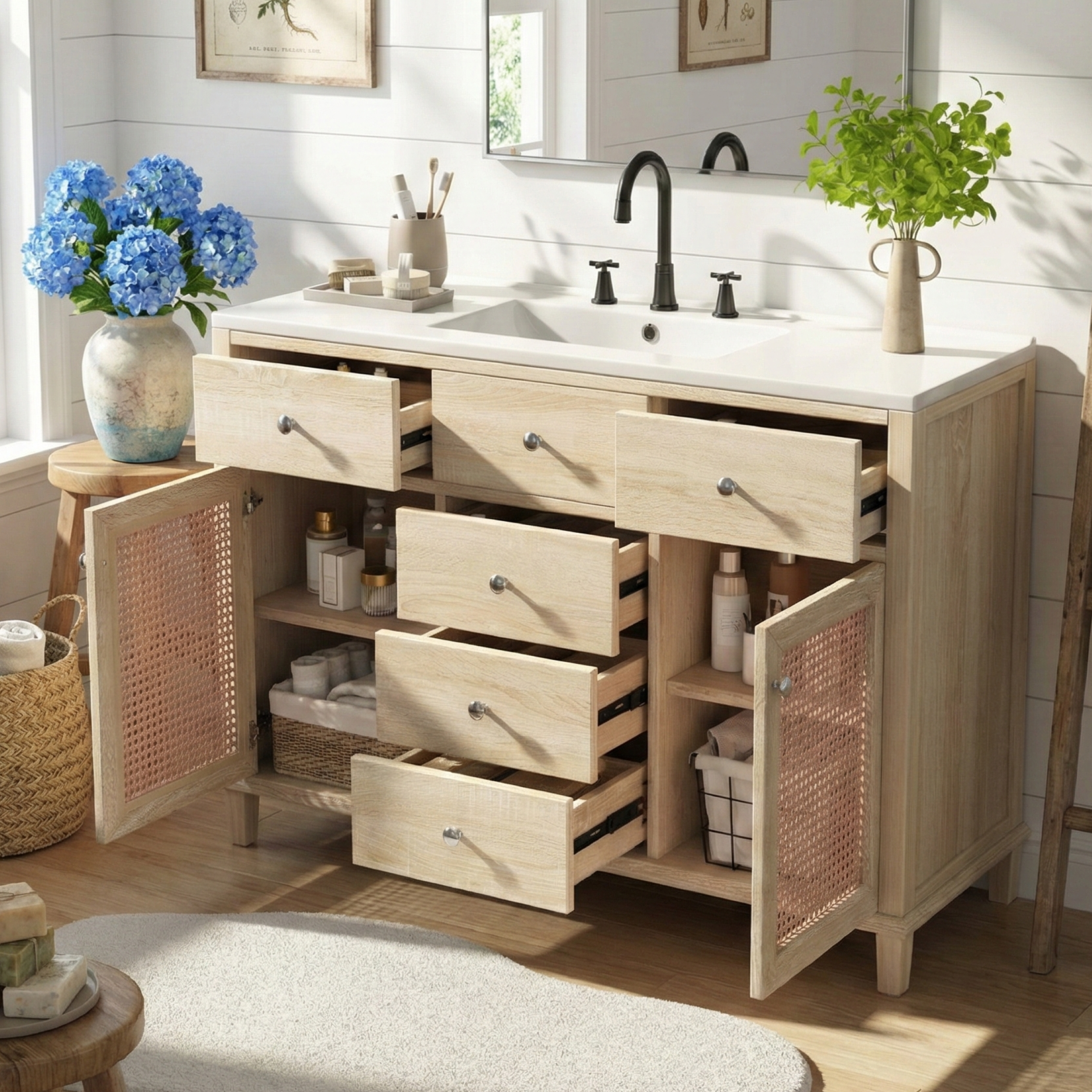 48-Inch Natural Rattan Bathroom Vanity: Solid Wood Frame, 5 Drawers, 2 Rattan Cabinet Doors & Premium Ceramic Sink
