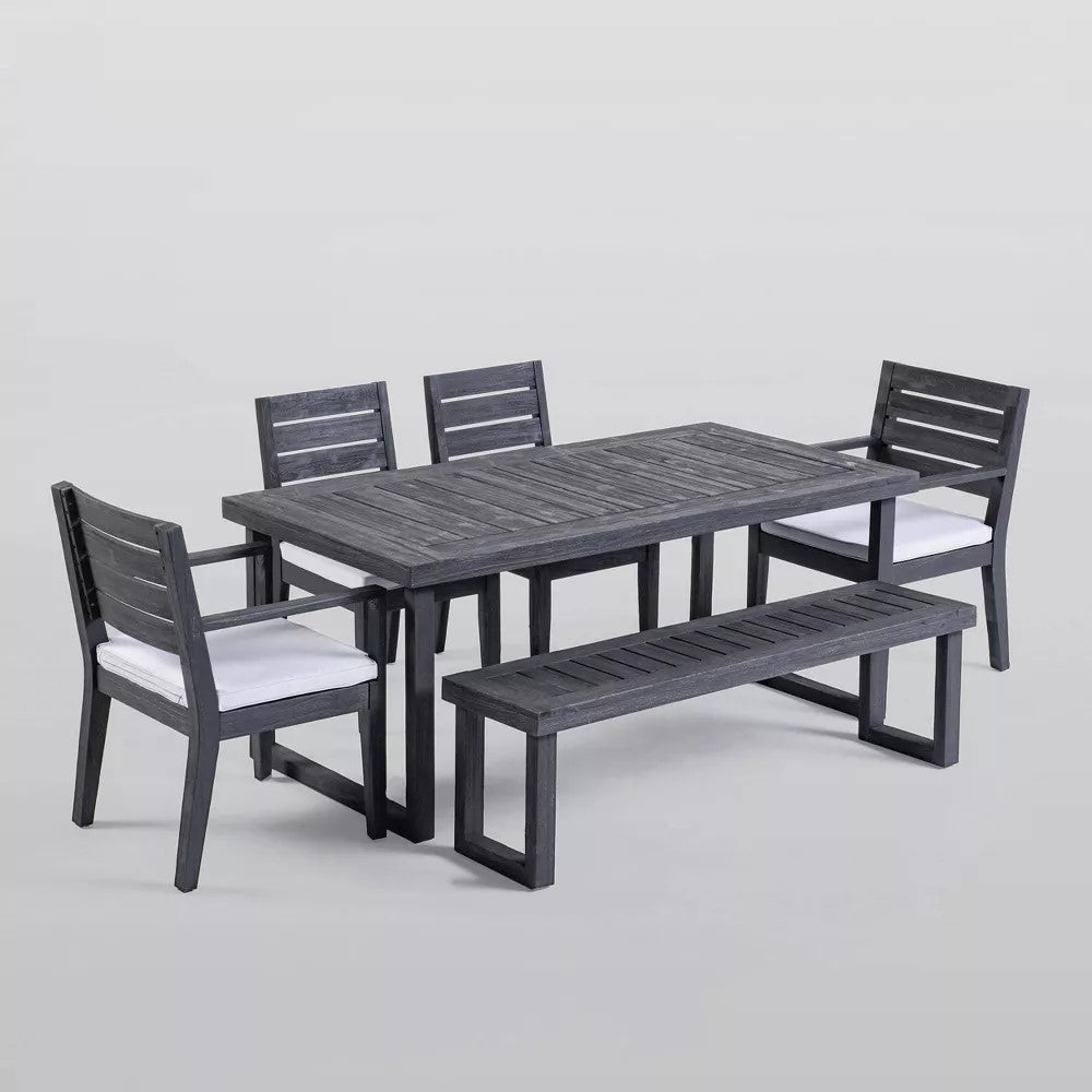 Outdoor 6-Seater Acacia Wood Dining Set with Bench,Sandblast Dark Grey With Light Grey Cushion