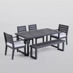 Outdoor 6-Seater Acacia Wood Dining Set with Bench,Sandblast Dark Grey With Light Grey Cushion