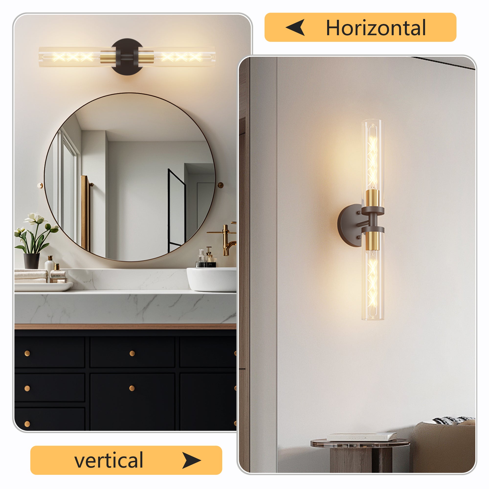 Wall Sconces Set of Two, Black and Gold Bathroom Sconces Wall Lighting with Clear Glass, Modern Sconces Wall Decor Set of 2 Wall Light fixtures for Bathroom Mirror Living Room Hallway Bedroom