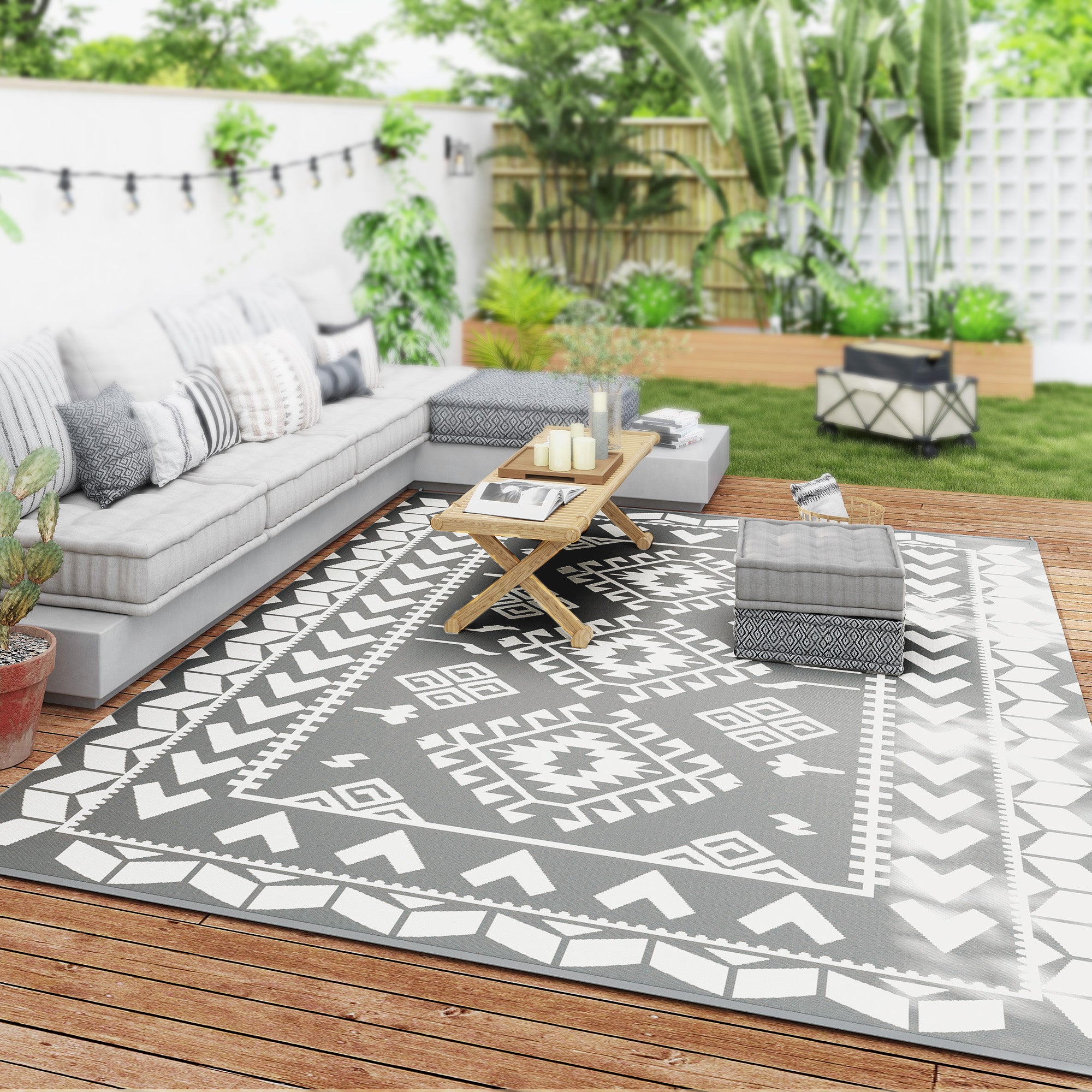Outsunny Reversible Outdoor Rug, Waterproof Plastic Straw with Carry Bag, 9' x 12', Gray & White Rhombus Patchwork