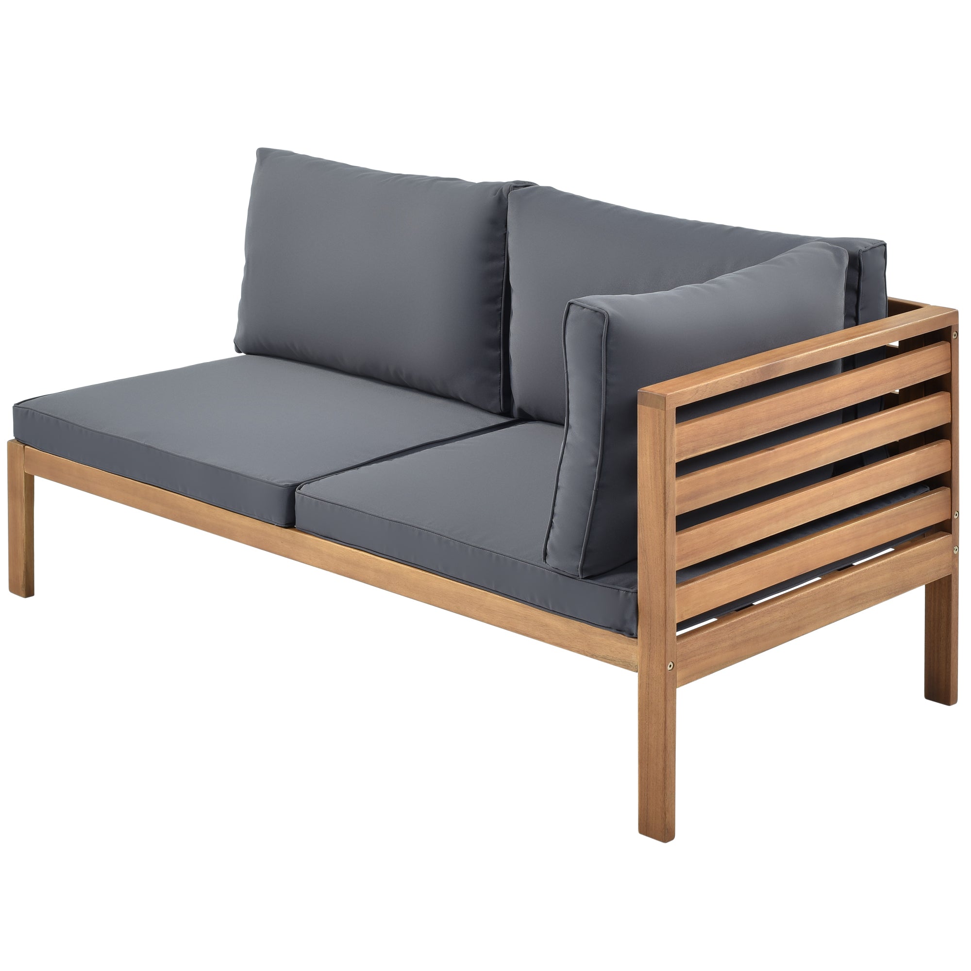 Wood Structure Outdoor Sofa Set with gray Cushions Exotic design Water-resistant and UV Protected texture High quality acacia wood Strong Metal Accessorie