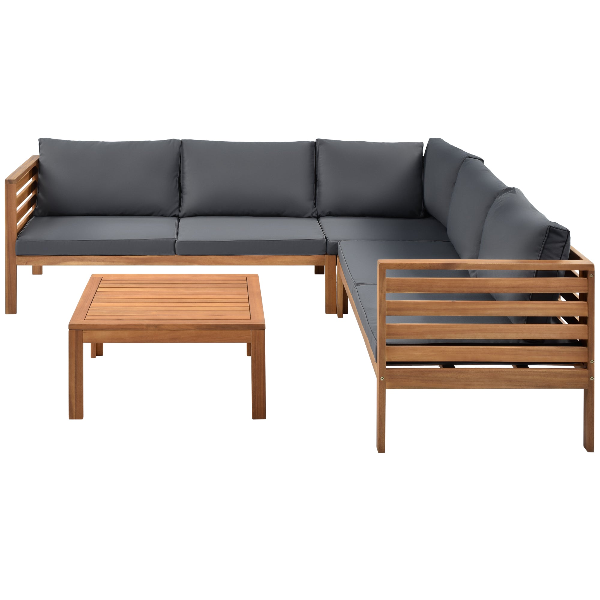 Wood Structure Outdoor Sofa Set with gray Cushions Exotic design Water-resistant and UV Protected texture High quality acacia wood Strong Metal Accessorie