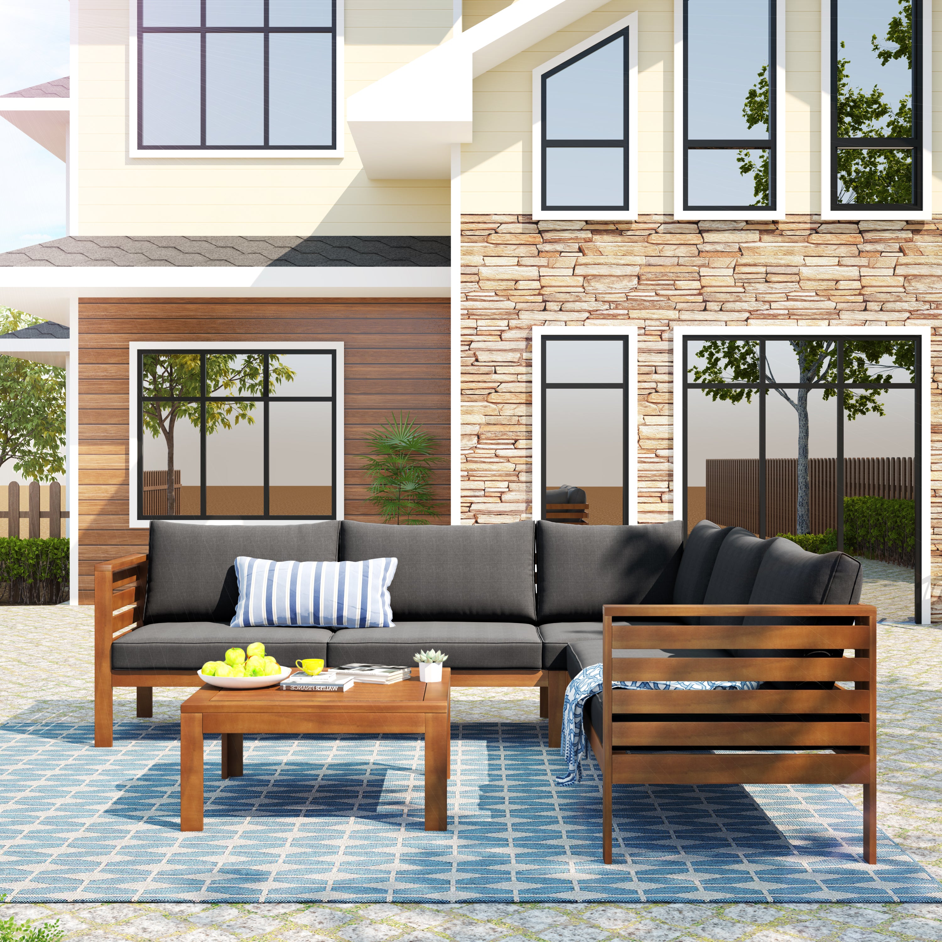 Wood Structure Outdoor Sofa Set with gray Cushions Exotic design Water-resistant and UV Protected texture High quality acacia wood Strong Metal Accessorie