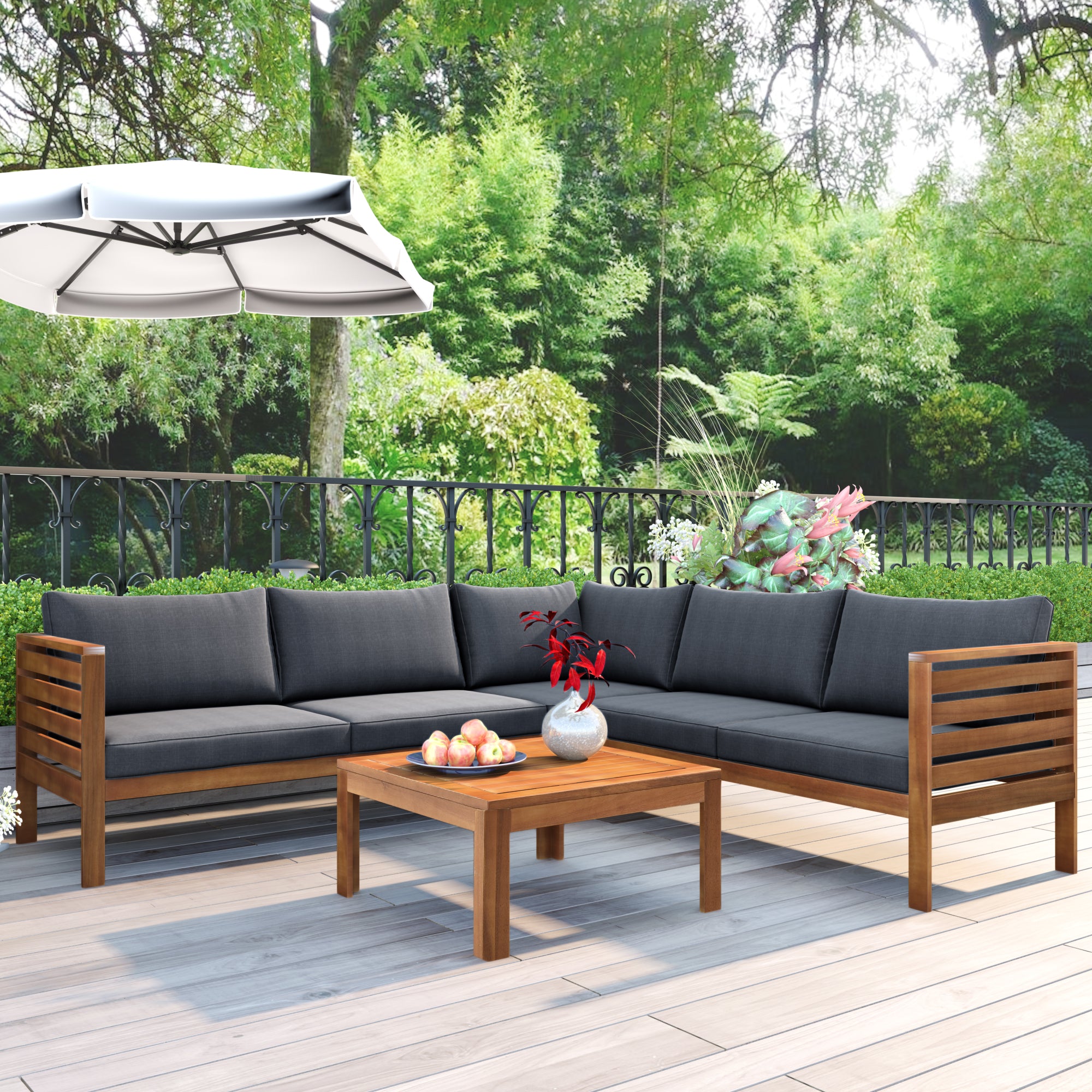 Wood Structure Outdoor Sofa Set with gray Cushions Exotic design Water-resistant and UV Protected texture High quality acacia wood Strong Metal Accessorie
