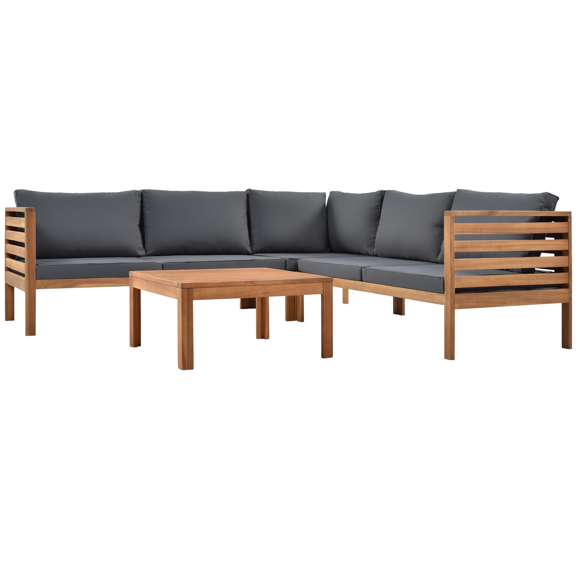 Wood Structure Outdoor Sofa Set with gray Cushions Exotic design Water-resistant and UV Protected texture High quality acacia wood Strong Metal Accessorie