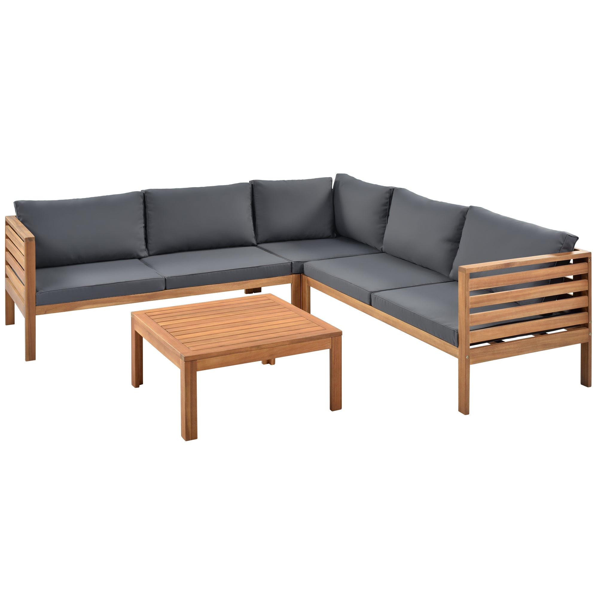 Wood Structure Outdoor Sofa Set with gray Cushions Exotic design Water-resistant and UV Protected texture High quality acacia wood Strong Metal Accessorie