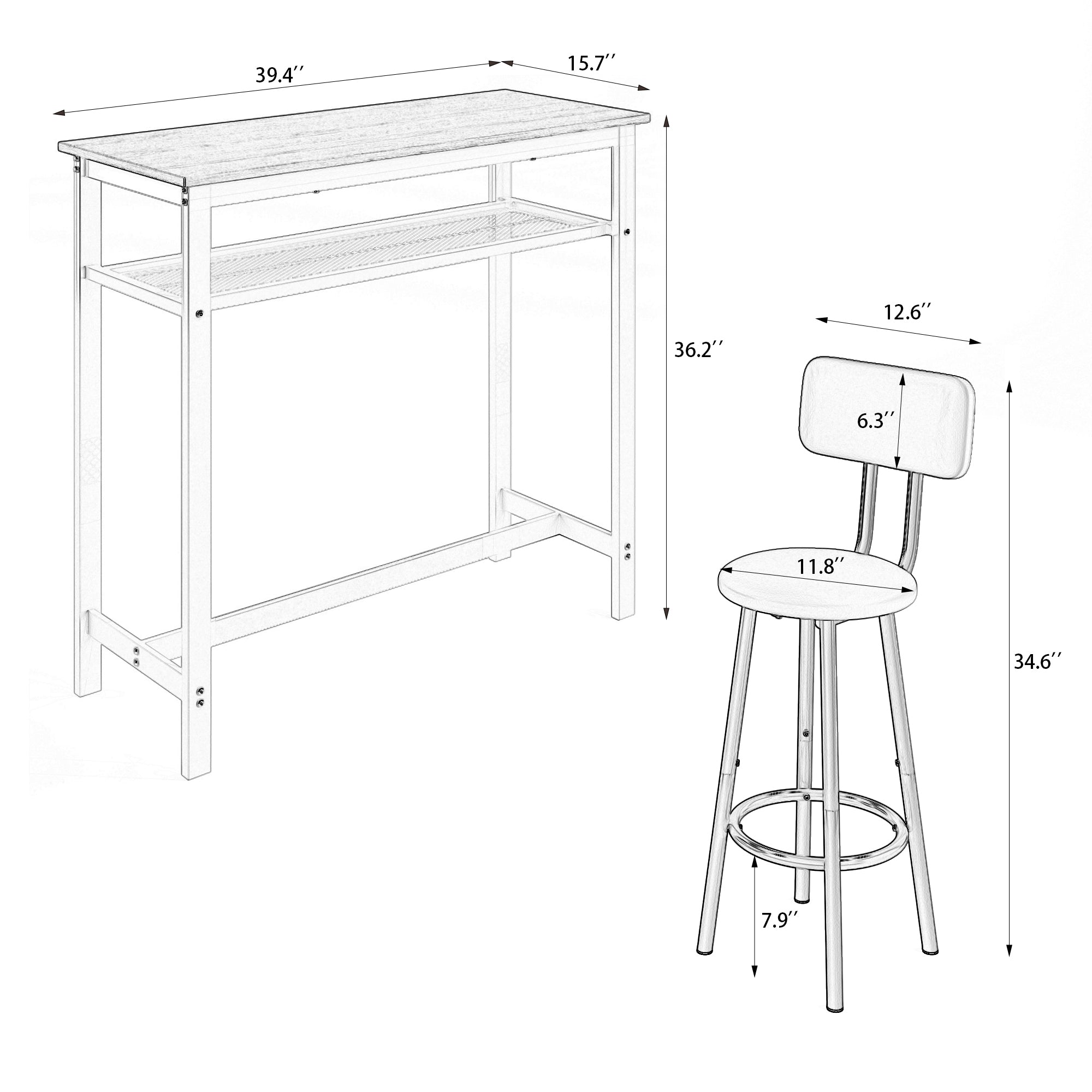 3 Piece Bar Table Set, Bar Table and Chairs Set of 2 with Metal Frame and Storage Rack , Modern Counter Height Table with 2 Stools for Kitchen, Dining Room, Living Room Breakfast Table Wood Top