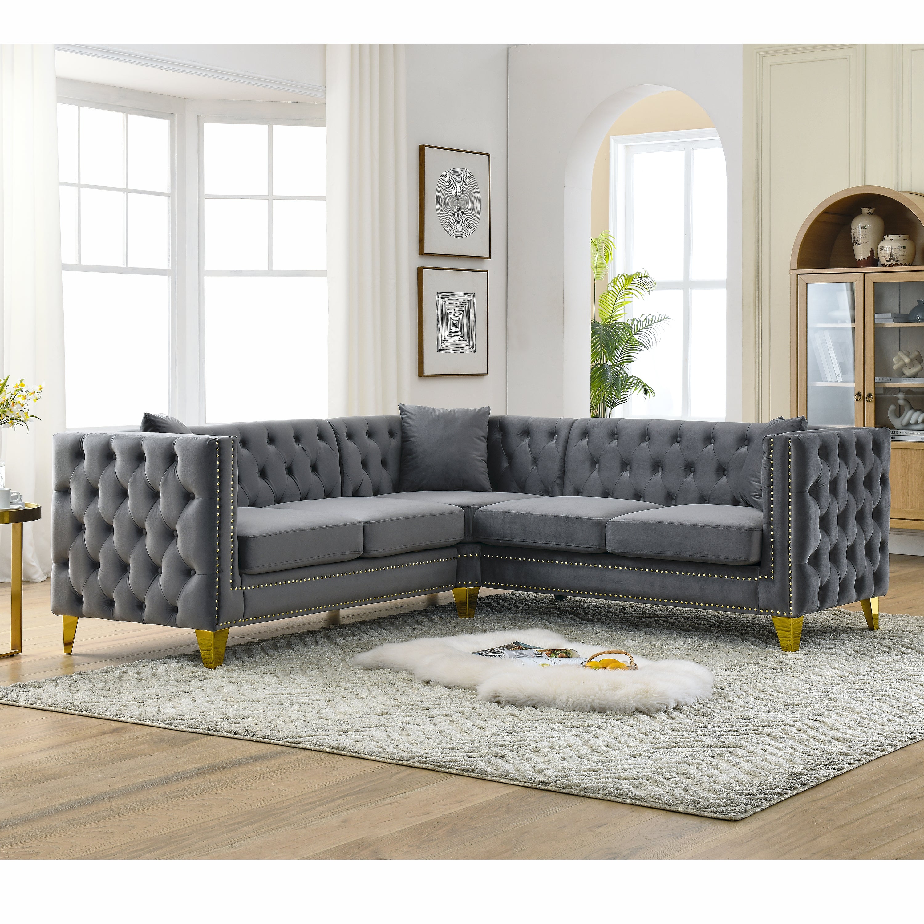 82.2-Inch Velvet Corner Sofa , L-Shaped Sectional Couch, 5-Seater Corner Sofas with 3 Cushions for Living Room, Bedroom, Apartment, Office