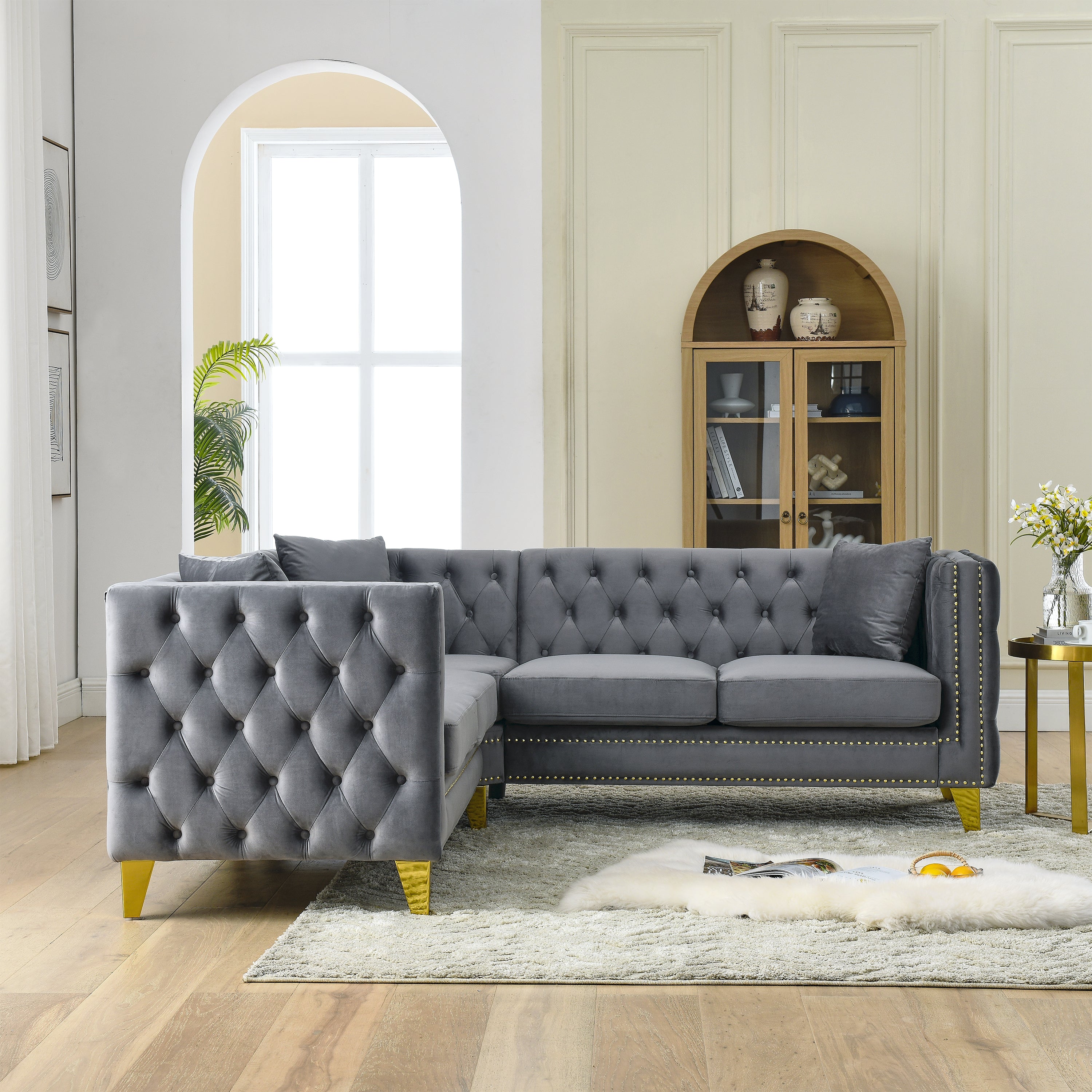 82.2-Inch Velvet Corner Sofa , L-Shaped Sectional Couch, 5-Seater Corner Sofas with 3 Cushions for Living Room, Bedroom, Apartment, Office