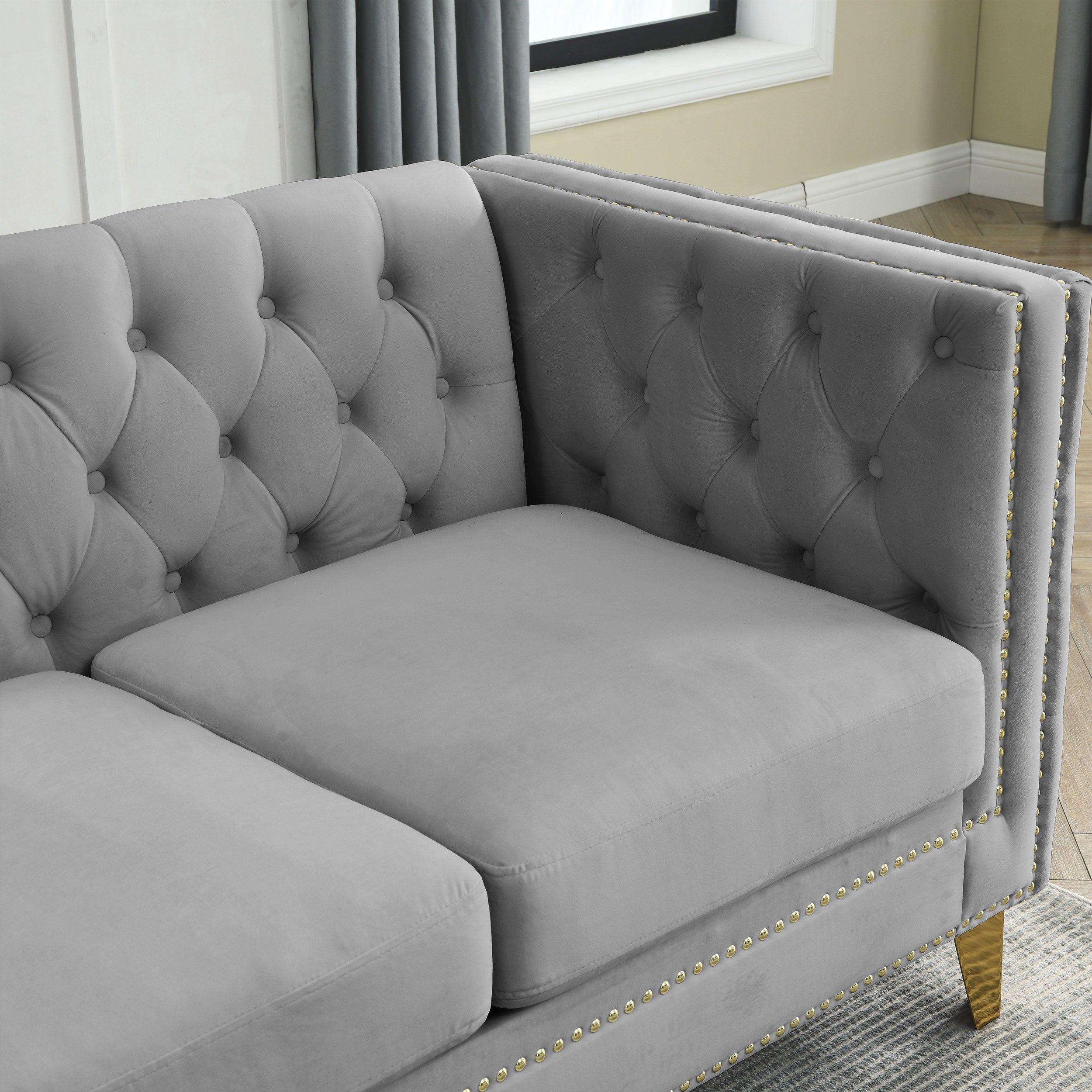 82.2-Inch Velvet Corner Sofa , L-Shaped Sectional Couch, 5-Seater Corner Sofas with 3 Cushions for Living Room, Bedroom, Apartment, Office