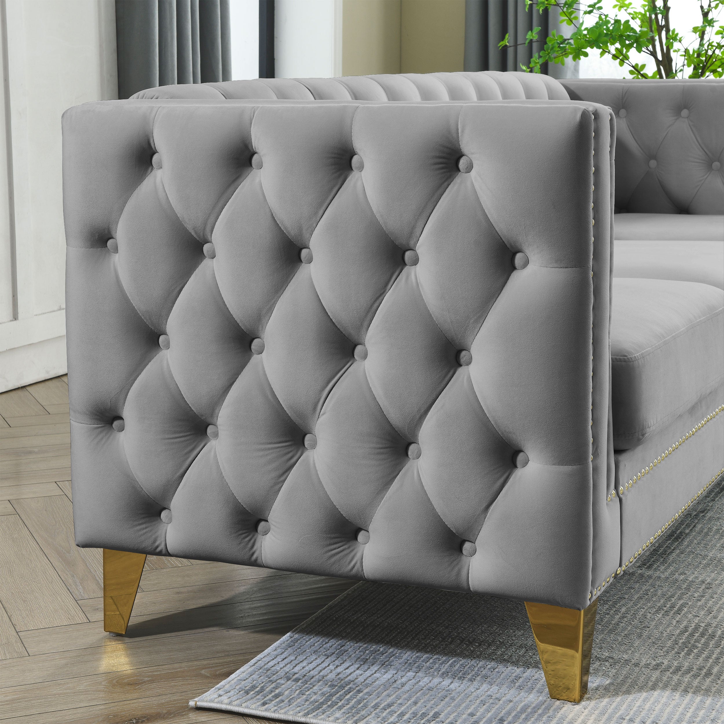 82.2-Inch Velvet Corner Sofa , L-Shaped Sectional Couch, 5-Seater Corner Sofas with 3 Cushions for Living Room, Bedroom, Apartment, Office